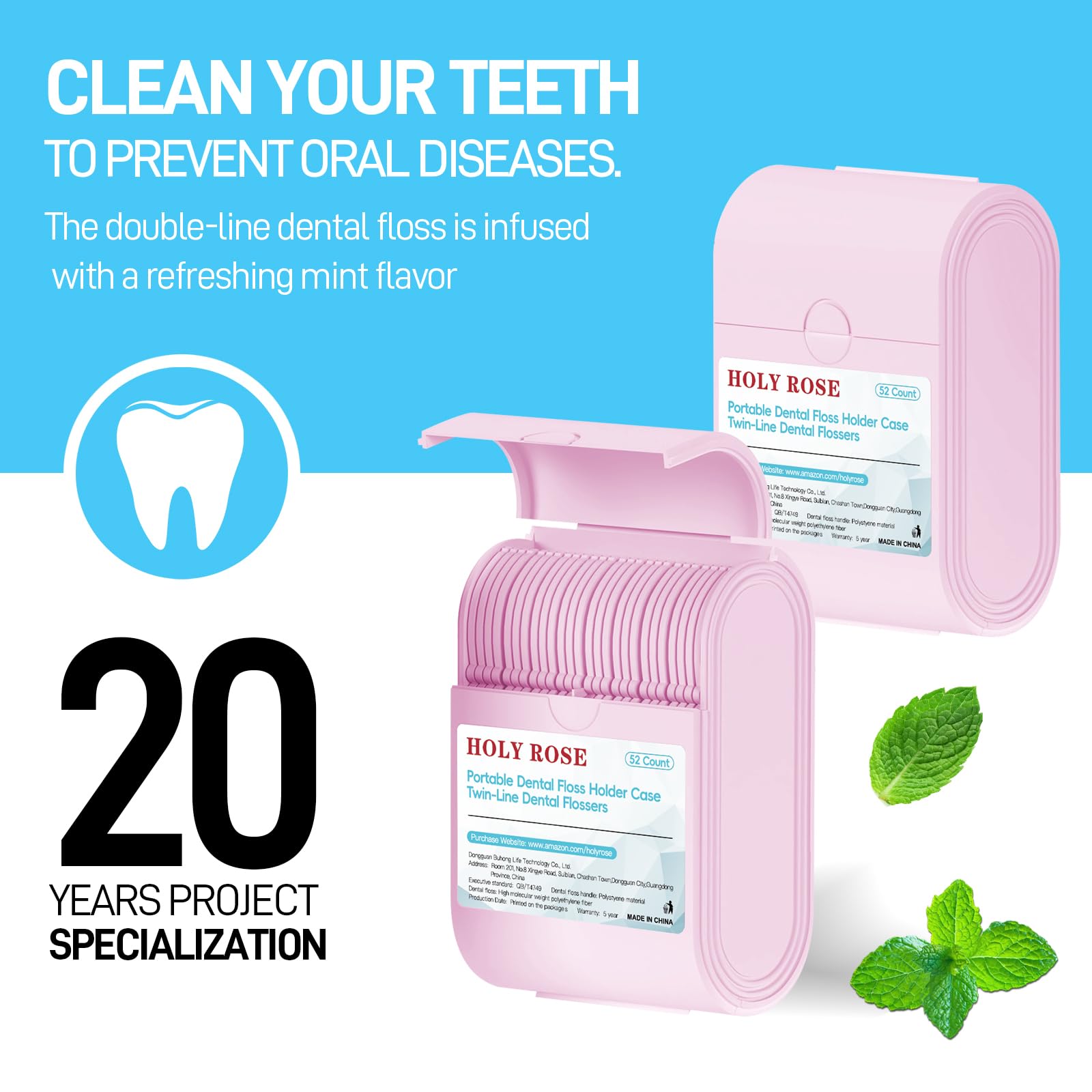 Holy Rose Pink Dental Floss Picks - 104 Count Mint Flavored Twin Line Flossers with 2 Travel Cases | Oral Care Tool for Clean & Fresh Teeth | Perfect for Travel, Home & Office Use