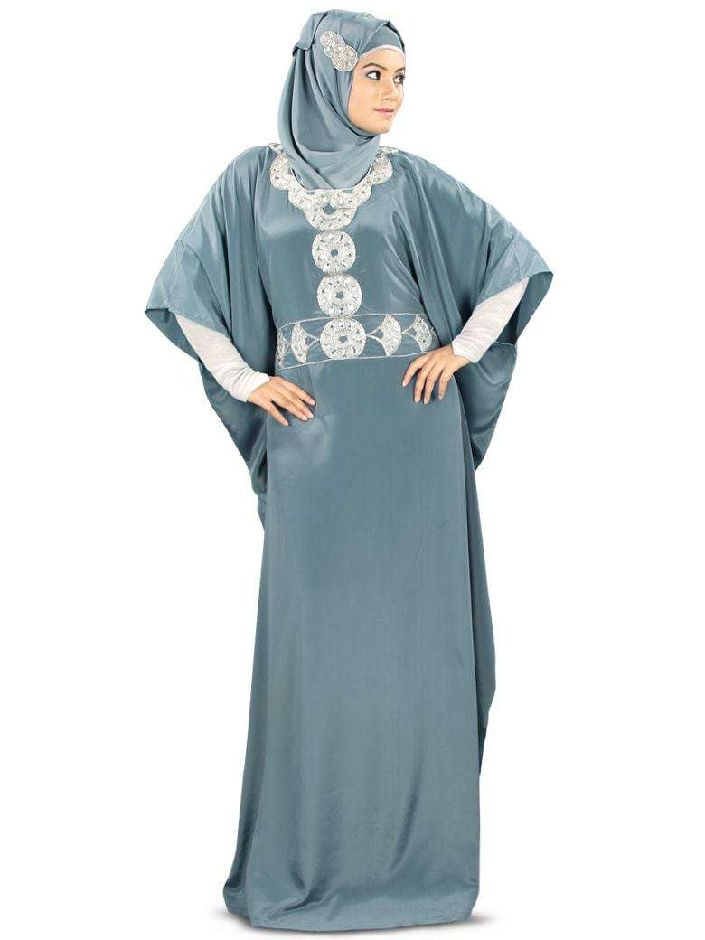 Liyana Hand Embroidered Grey Kaftan Dress for Women - Boho Maxi Dress with Floral Embroidery - Perfect for Beach, Vacation & Summer Outfits