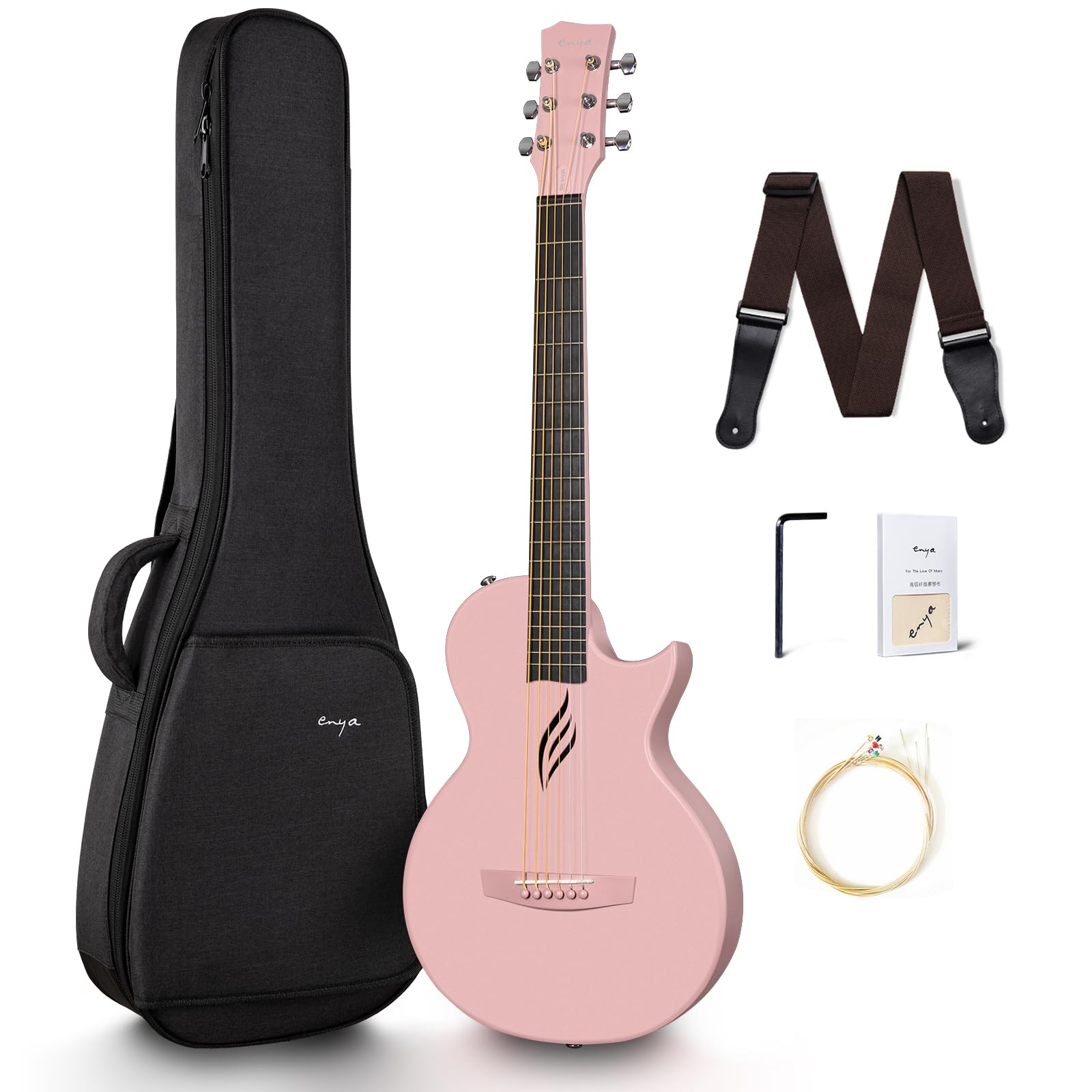 Enya Nova Go 1/2 Size Carbon Fiber Acoustic Guitar - Travel & Beginner Friendly with Starter Kit (Pink) | Includes Gig Bag, Strap & Cleaning Cloth | Perfect for Camping, Beach Trips & Small Hands Learning Guitar