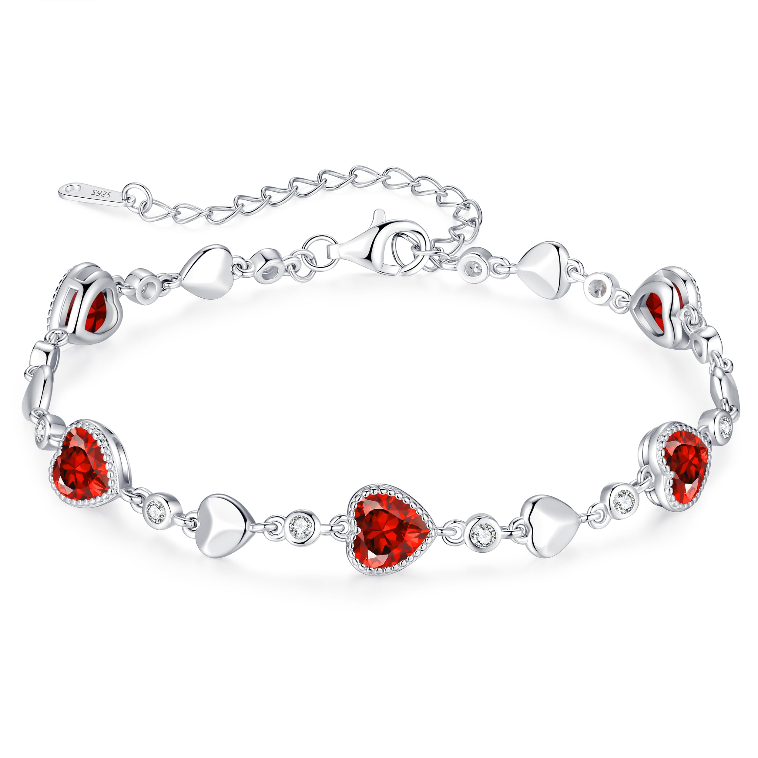 LOUISA SECRET 925 Sterling Silver Five Love Heart Birthstone Bracelet for Women - Elegant Charm Link Bracelet Gift for Wife, Mom, Girlfriend - Perfect for Birthday, Anniversary, Christmas & Everyday Wear