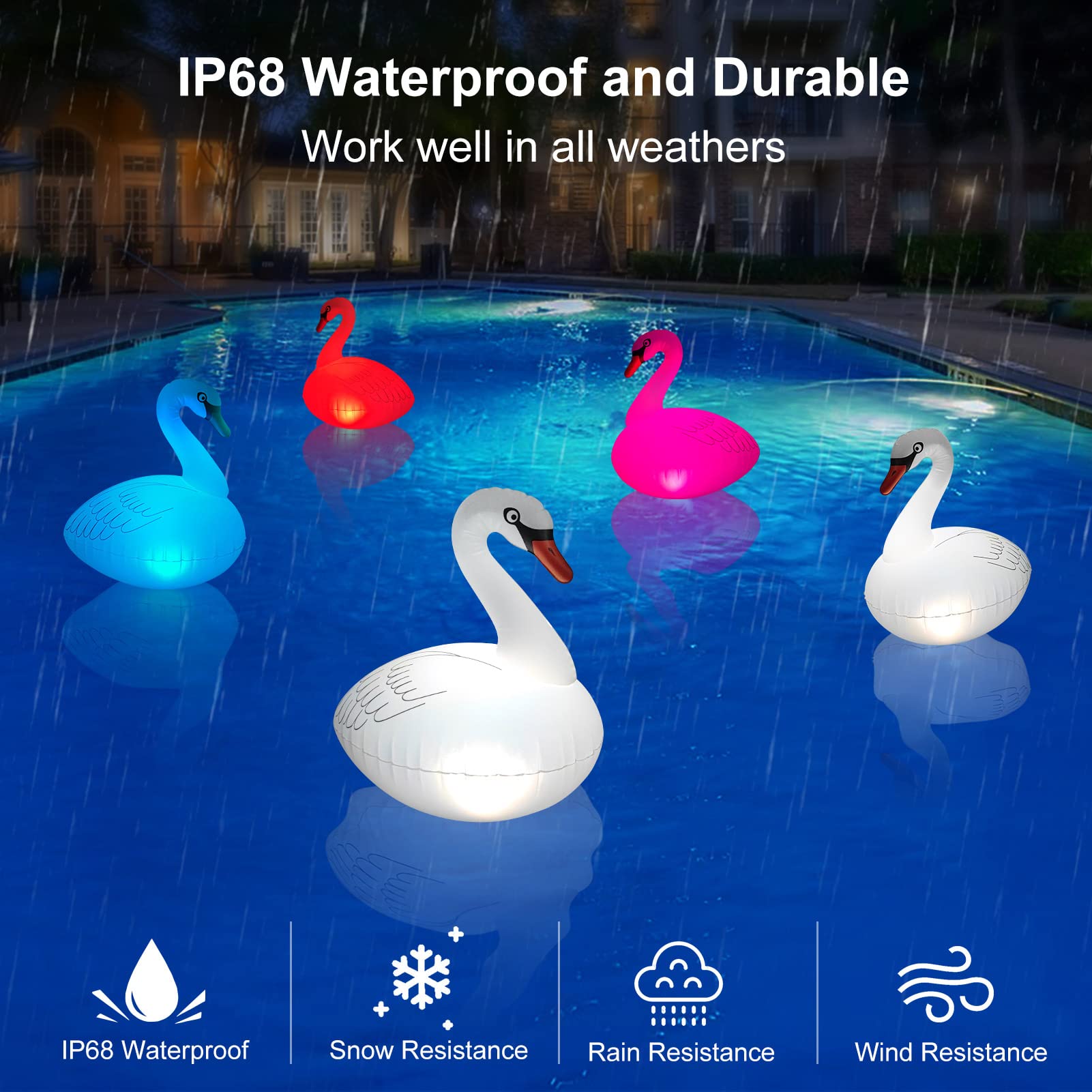 Swan Floating Solar Lights - Waterproof Inflatable Color Changing LED Pool Lights for Beach, Garden, Backyard, Pond, and Outdoor Parties