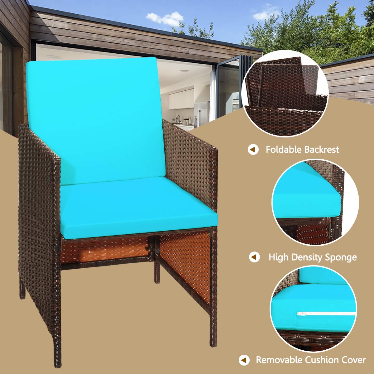 HAPPYGRILL 9-Piece Outdoor Patio Dining Set with Cushions - Acacia Wood Tabletop & Rattan Wicker Chairs - Space-Saving Garden Furniture for Backyard, Poolside, and Outdoor Entertaining