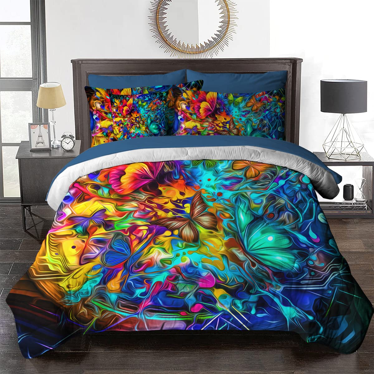 BlessLiving 8-Piece Boho Colorful Butterfly Comforter Set for Queen Bed - Psychedelic Bedding Set Includes Comforter, Sheets, Pillow Shams & Cushion Cover | Perfect for Bohemian Bedroom Decor, Guest Room Makeover & Hippie Style Home
