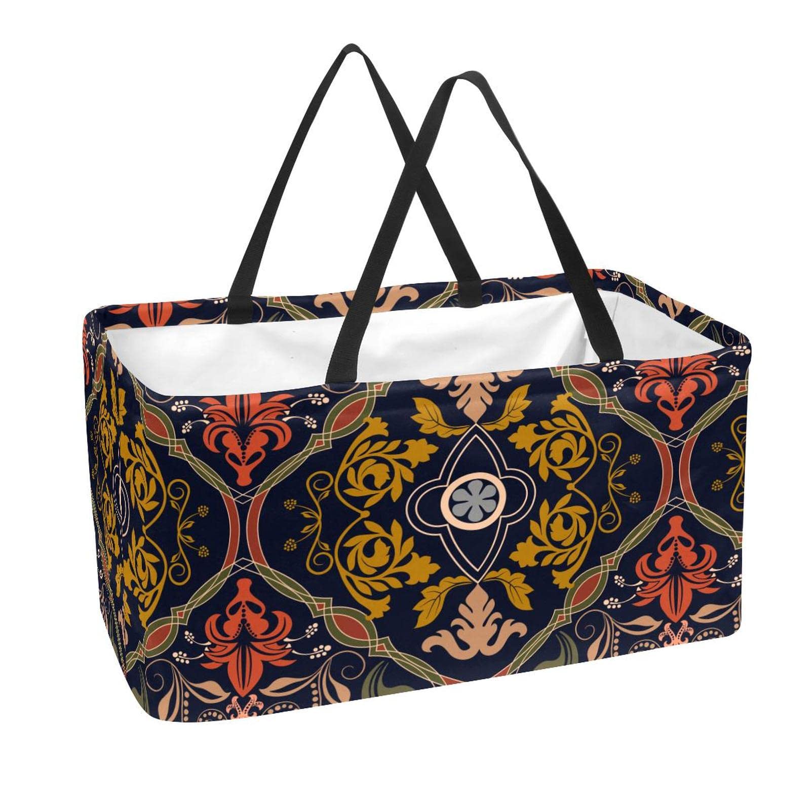 Reusable Foldable Grocery Shopping Basket - Large Storage Bin with Chinese Floral Ethnic Print - Perfect for Grocery Shopping, Home Organization & Farmers Market Use