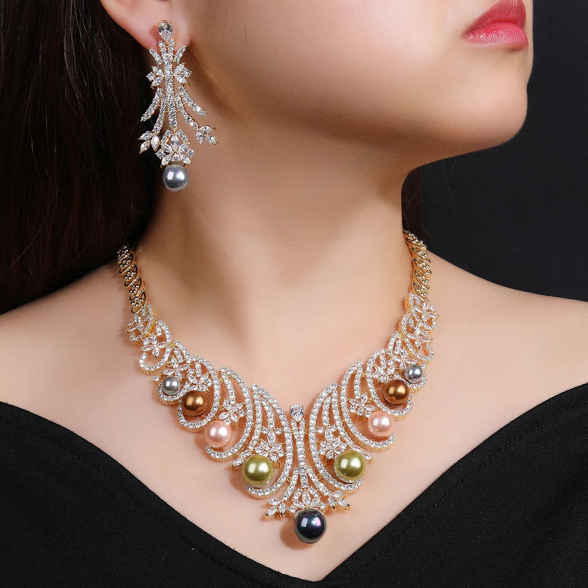 Luxury Cubic Zirconia Flower Necklace for Women - Colorful Pearl Jewelry Set, Elegant Bridal Wedding Accessories - Perfect for Weddings, Anniversaries & Special Occasions