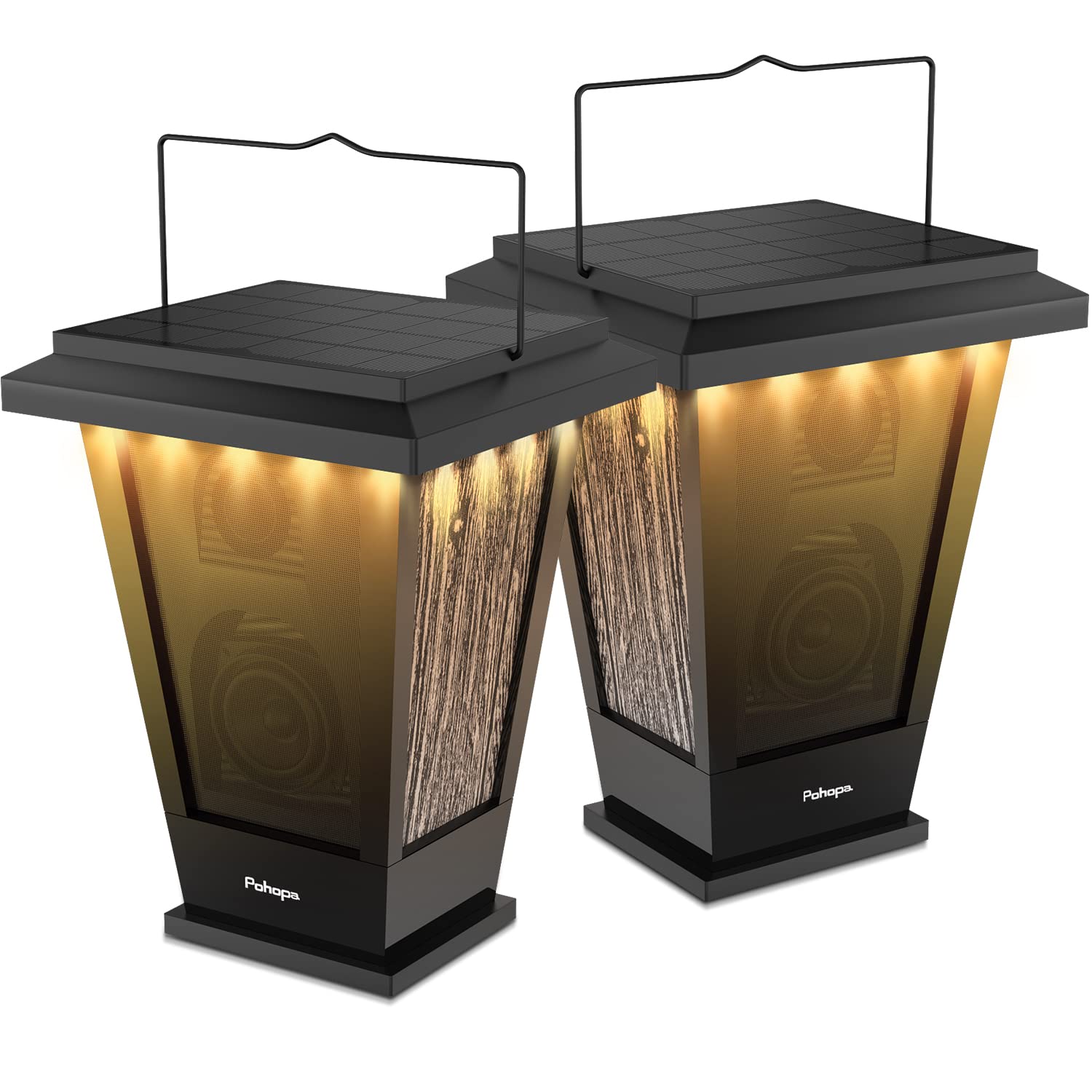 Pohopa 2 Pack Waterproof Bluetooth Speakers with Solar Power, 20W True Wireless Stereo Sound, Dual Pairing, 20 LED Lights & Rich Bass - Perfect for Outdoor Camping, Beach Parties, and Indoor Decor (Black)