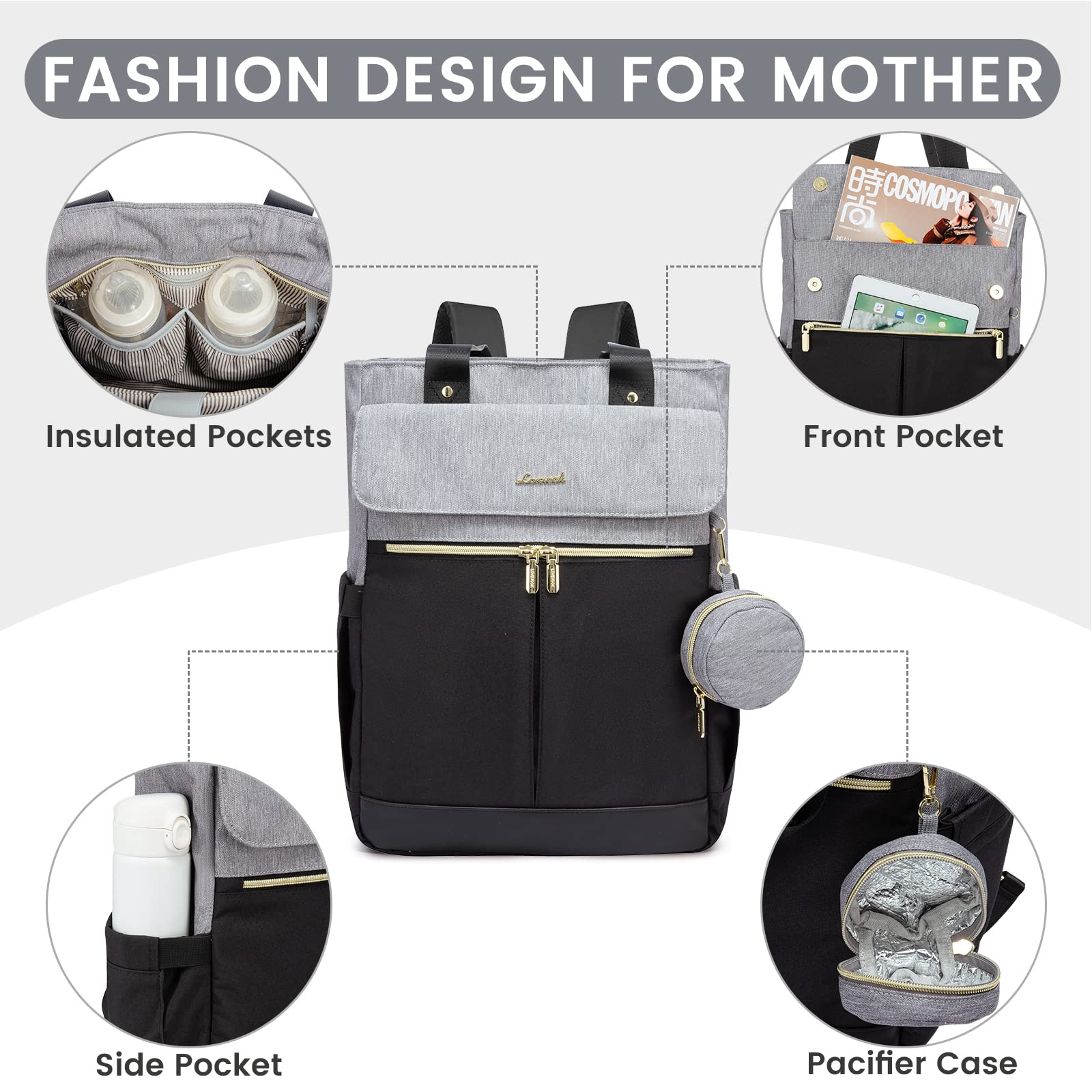 Kumini LOVE2024 Multifunctional Baby Changing Backpack for Women - Waterproof Diaper Bag, Maternity & Travel Backpack, Black Grey - Perfect for Nursing Moms, Daycare & Family Outings
