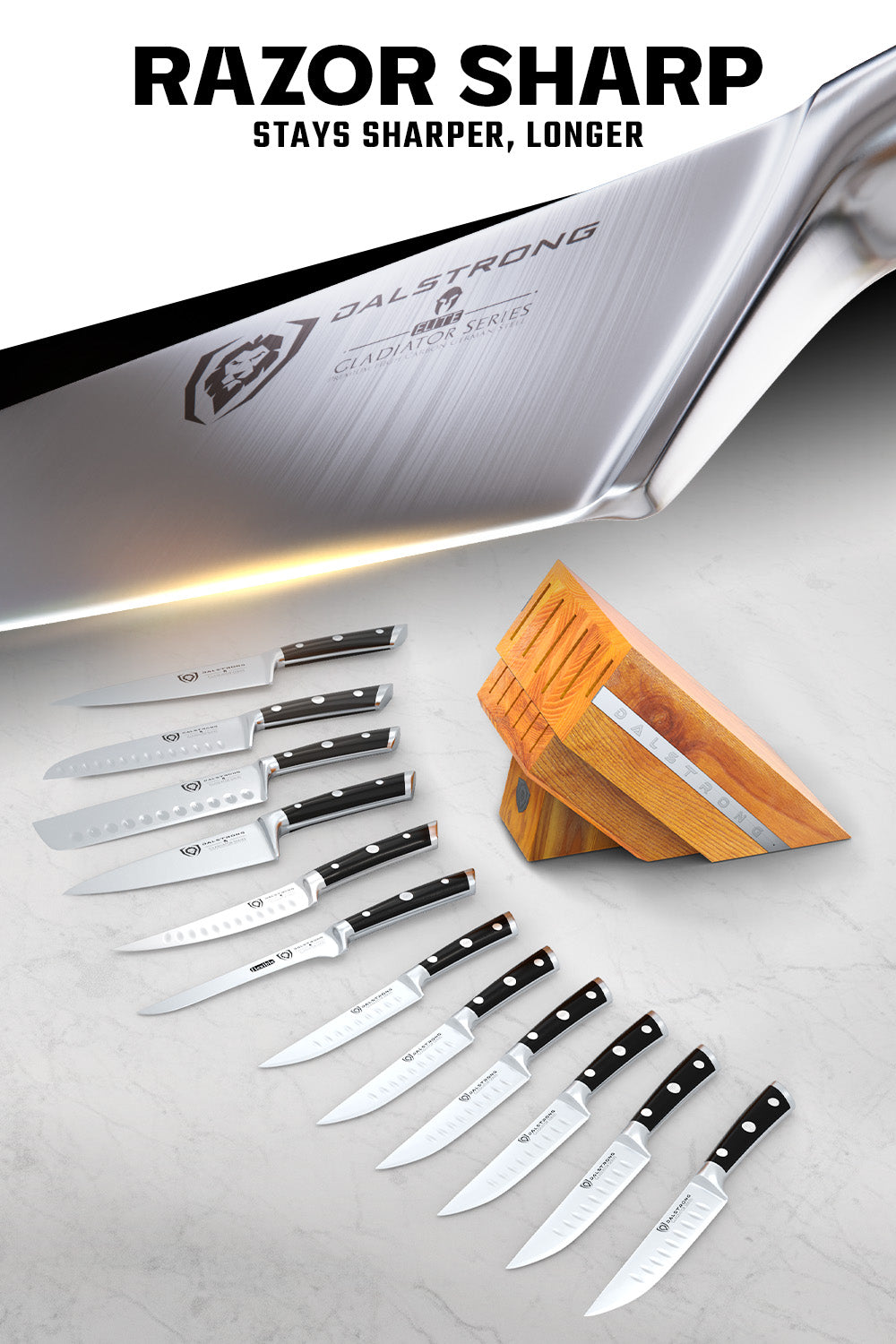 12-Piece Dalstrong Gladiator Series Block Set with Black Handles - NSF Certified Professional Knives for Home Chefs & Culinary Enthusiasts - Perfect for Meal Prep, Slicing & Dicing in Professional Kitchens