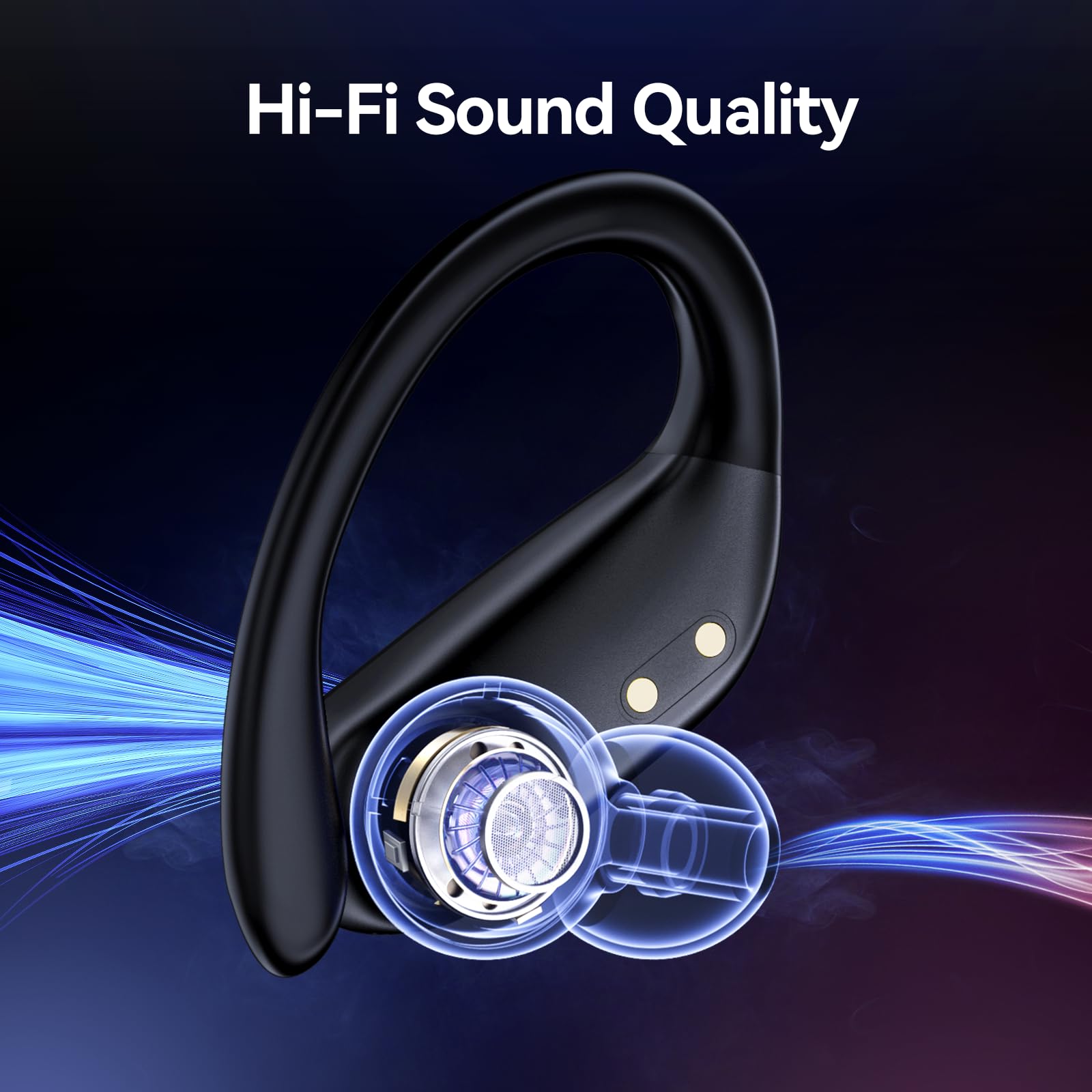 GNMN Wireless Bluetooth Earbuds with 90H Playback, IPX7 Waterproof, Deep Bass & Wireless Charging Case - Over Ear Sports Headphones with Dual LED Power Display & Earhooks for Running, Gym, Workout (Black) - Perfect for Fitness, Commuting & Travel