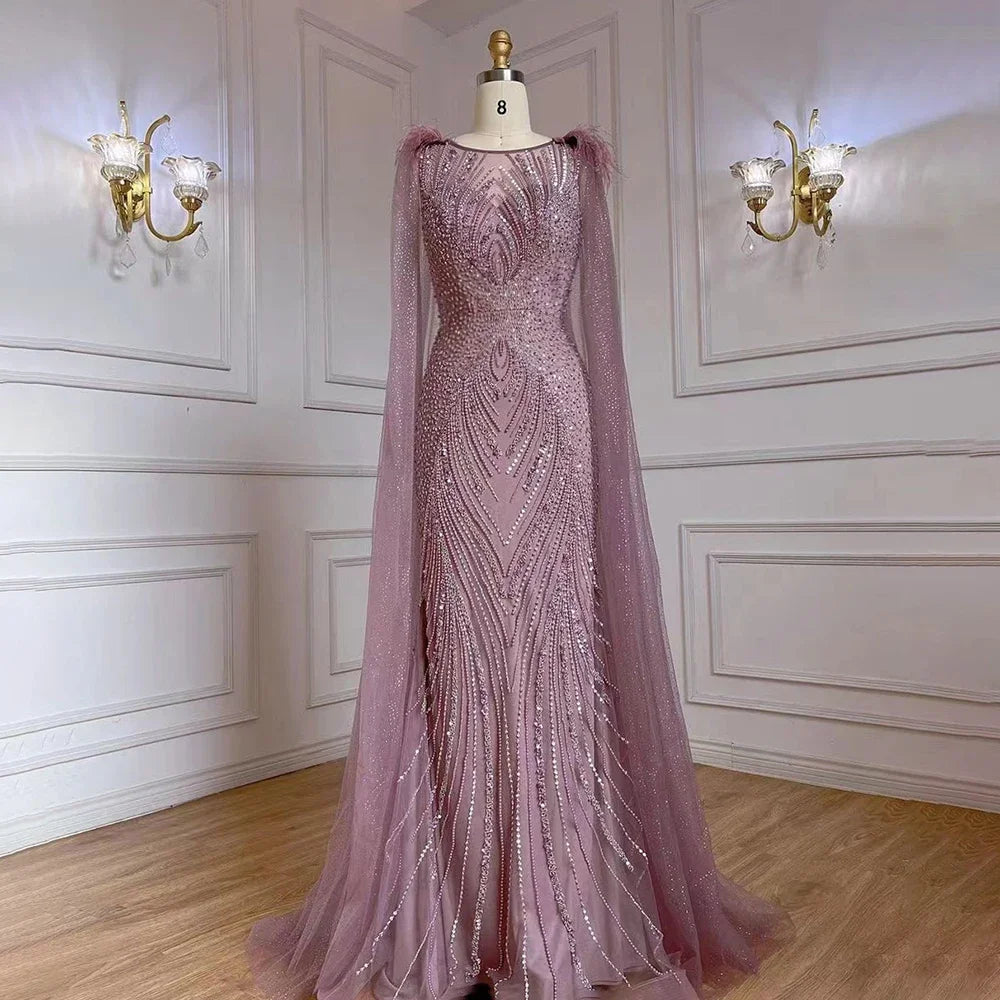 Elegant Pink Mermaid Evening Gown with Cape Sleeves & Feather Details - Luxury Beaded Women's Party Dress for Prom, Gala & Special Occasions - Serene Hill Collection LA71709