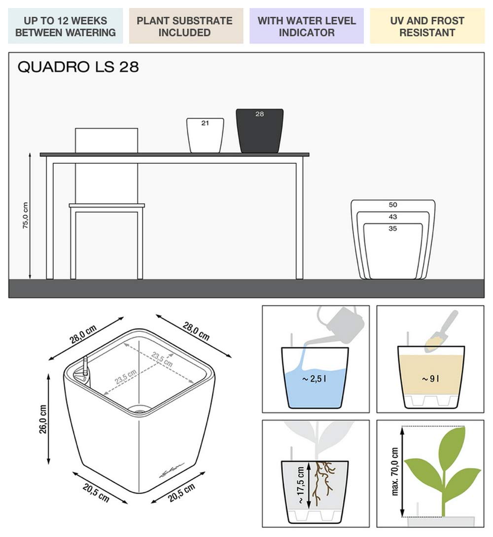 Lechuza Quadro Premium LS 28 Self-Watering Planter - Taupe High Gloss Finish (Model 16145) | Modern Indoor Flower Pot for Home, Office & Balcony Decor