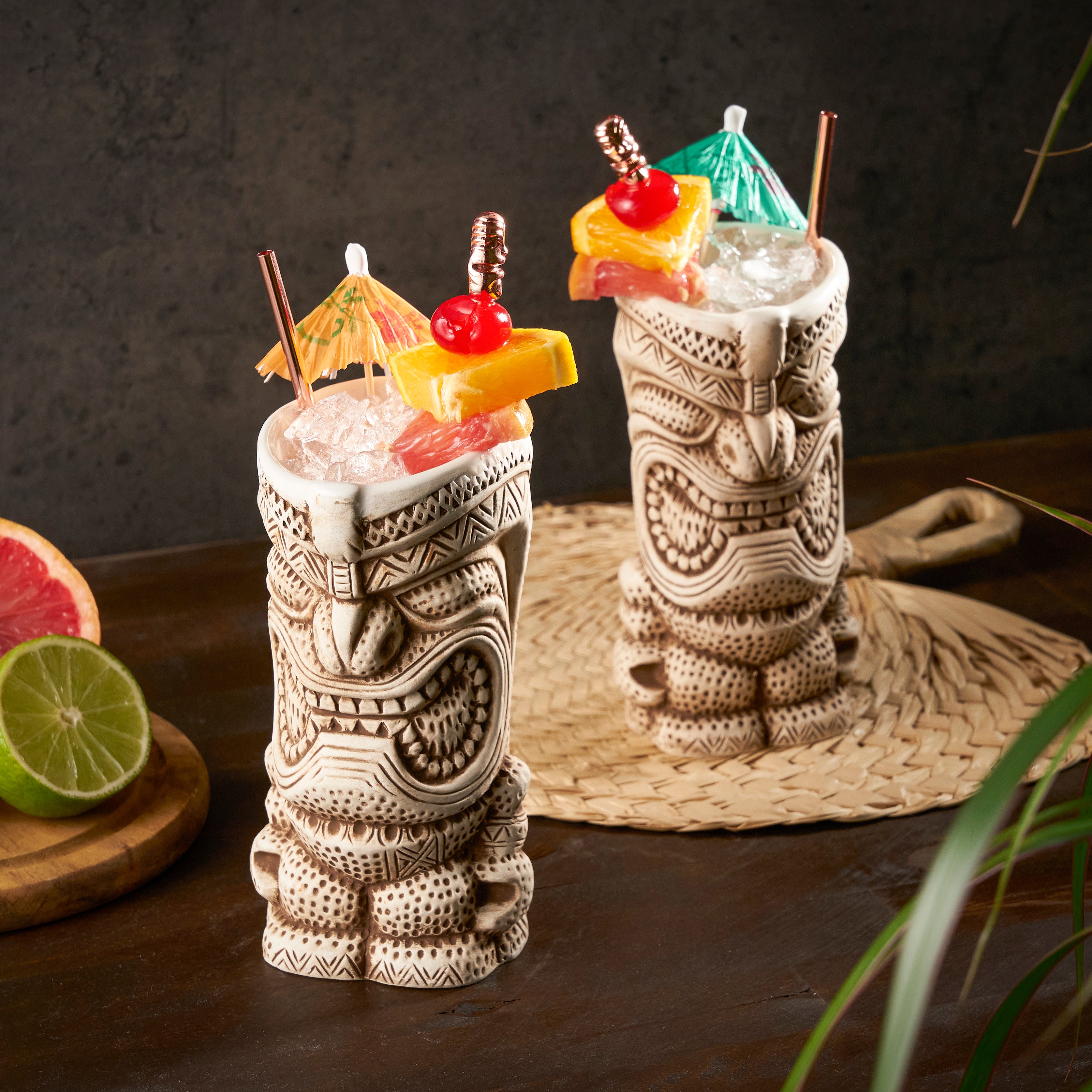 Premium Tiki Mugs Set of 2 - Handcrafted Ceramic Tropical Cocktail Cups with Vibrant Hawaiian Design - Perfect for Luau Parties, Beach Themed Events & Summer Drinks