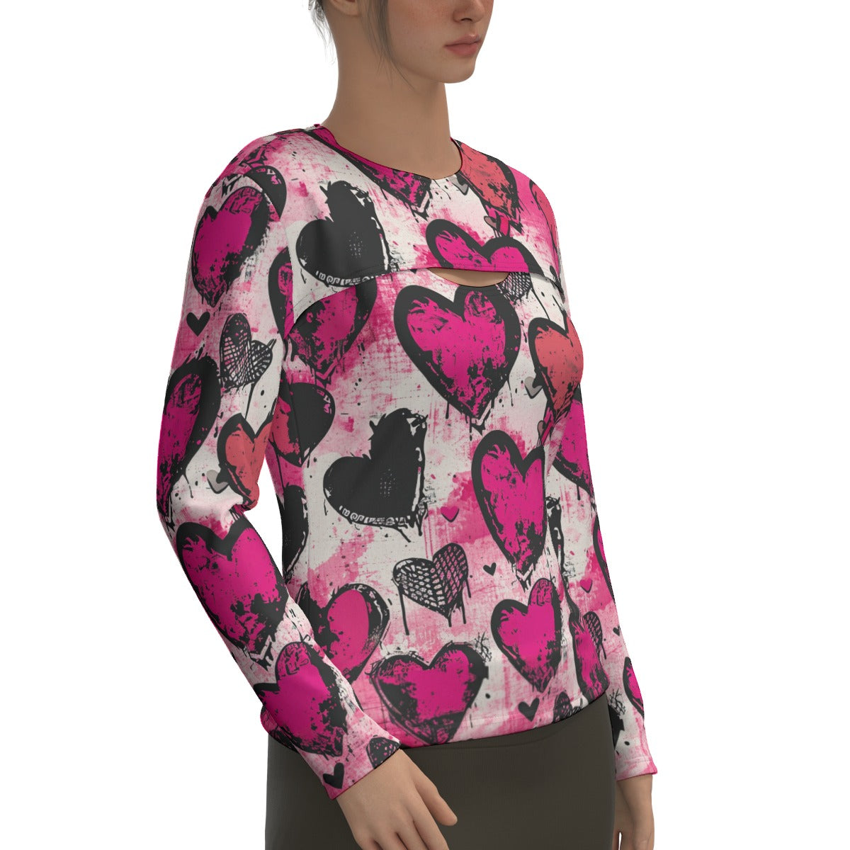 Trendy Punk Pink Hearts Two-Piece Sport Sweatshirt Set - Women's Matching Workout Outfit for Gym, Yoga & Streetwear Fashion
