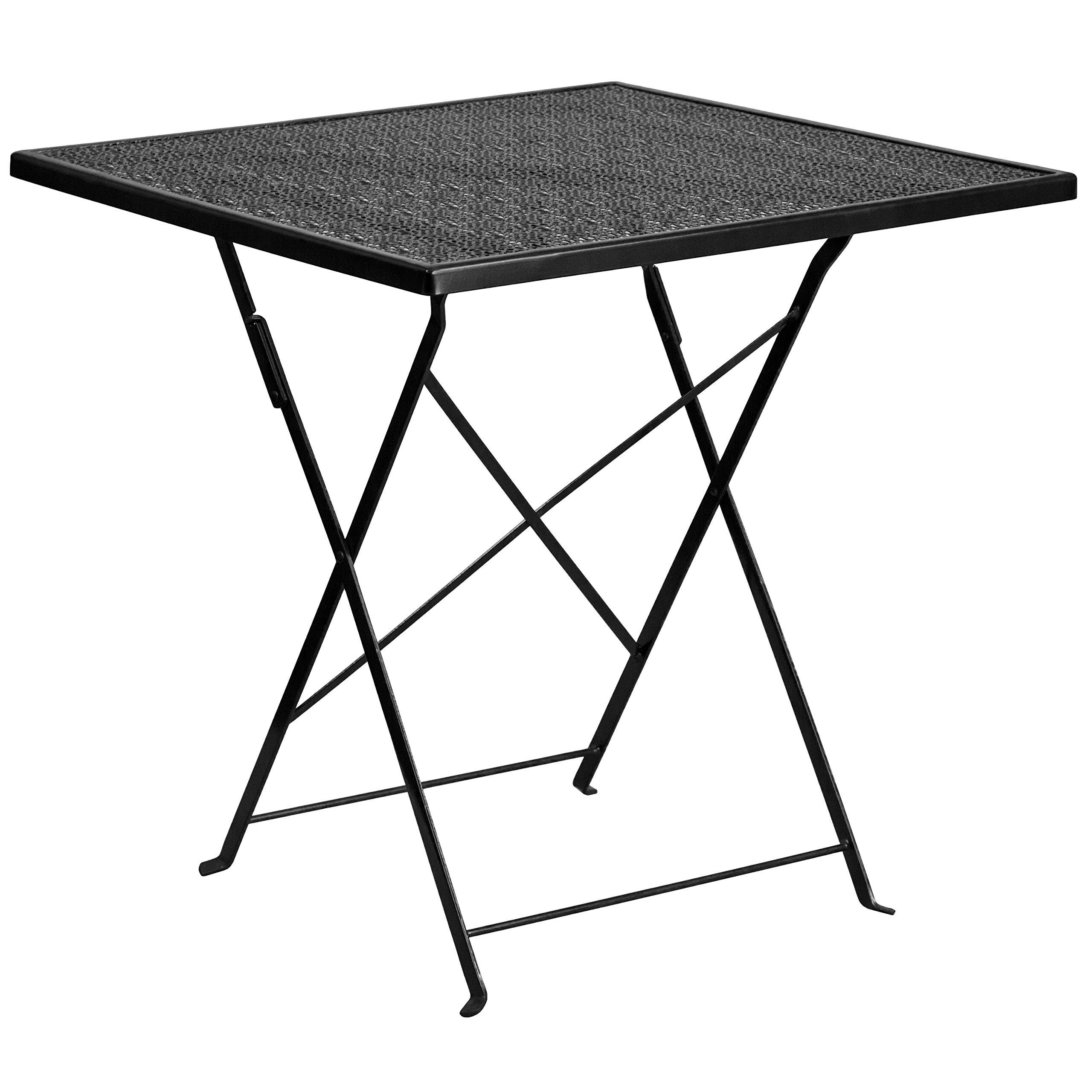 EMMA + OLIVER 28 Inch Square Black Steel Folding Table - Heavy Duty Commercial Grade Indoor Outdoor Patio Dining Table for Restaurant, Cafe, Garden, and Backyard Use