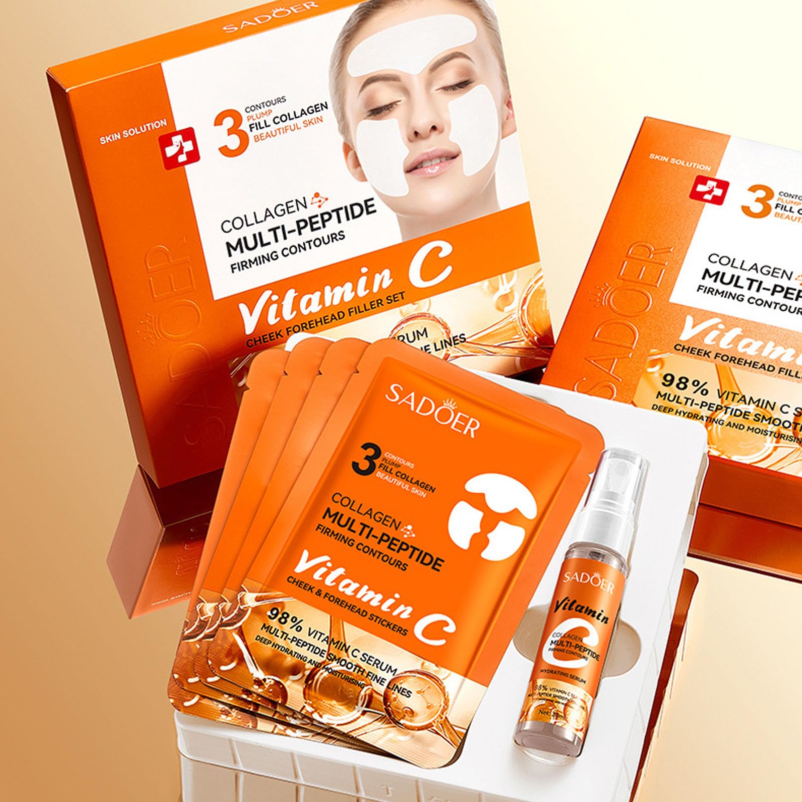 **Vitamin C Face Serum & Collagen Face Mask Set - Hydrating & Soothing Skincare Gift Box with 4 Pcs Essence Masks for Forehead & Cheeks | Perfect for Daily Hydration, Spa Nights & Travel Skincare**