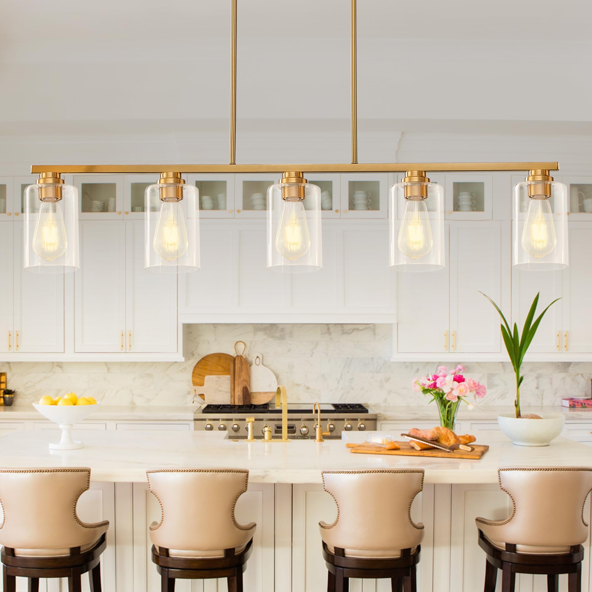 5-Light Brushed Gold Linear Chandelier Pendant Lighting for Kitchen Island, Dining Table & Living Room - Modern Farmhouse Style Fixture for Dining Room, Kitchen & Home Decor | Perfect for Open Concept Spaces, Entertaining & Ambient Lighting