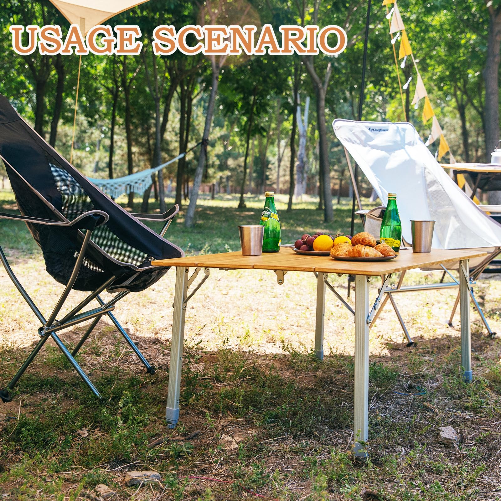 KingCamp Adjustable Height Bamboo Camping Table - Heavy Duty 4-Fold Portable Folding Table with Aluminum Legs (176lbs Capacity) - Perfect for Outdoor Camping, Picnics, RV Trips & Family Gatherings (4-5 People)