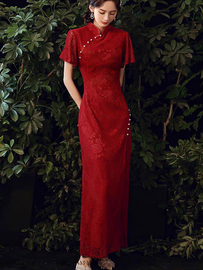 Elegant Burgundy Lace Flutter Sleeve Split Qipao Cheongsam Dress for Women | Vintage Chinese Style Evening Gown | Perfect for Weddings, Parties, and Special Occasions
