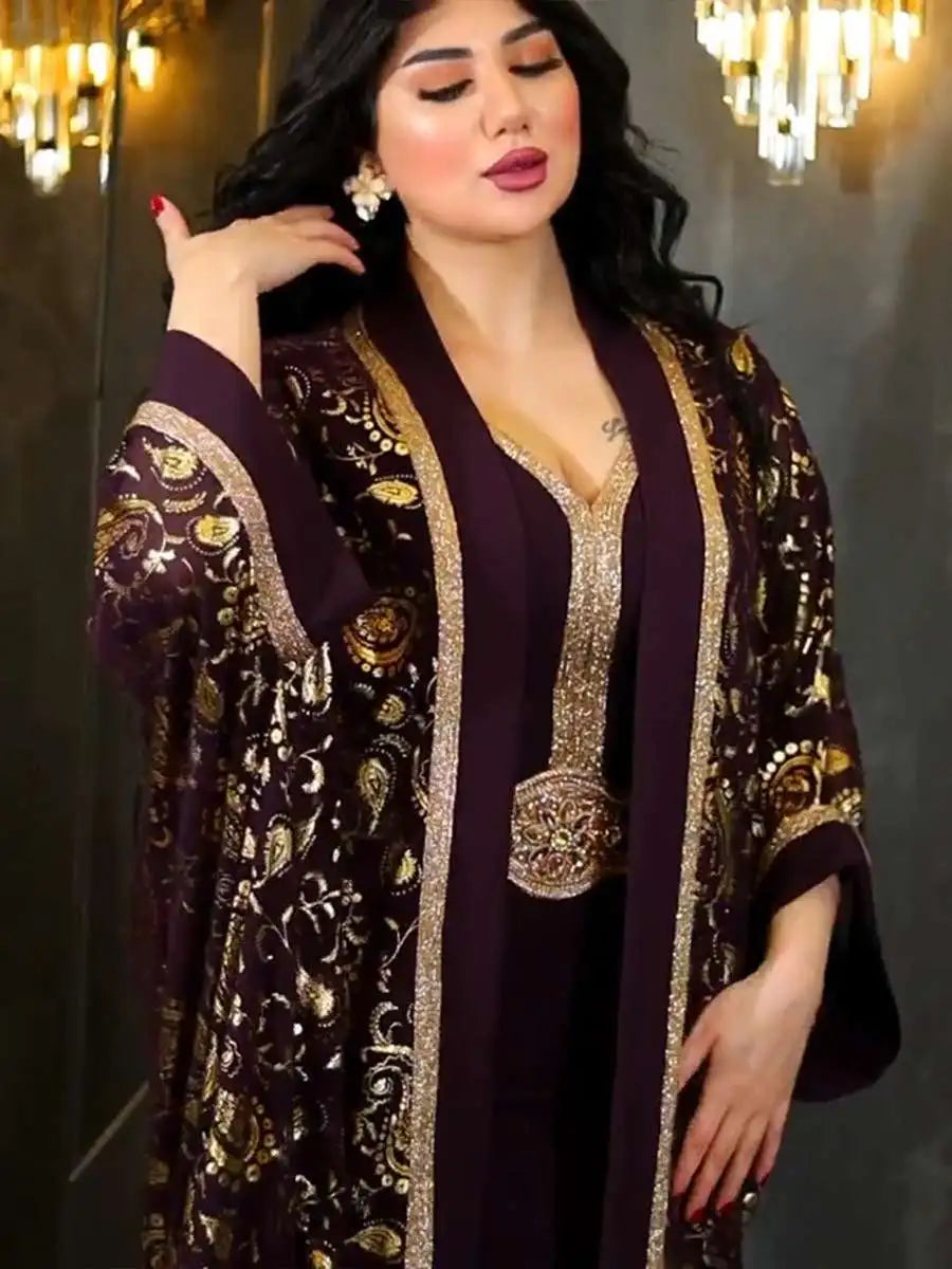 Elegant 2-Piece Muslim Women's Eid Caftan Dress Set with Inner Sleeveless Dress - Perfect for Eid Celebrations, Weddings & Special Occasions