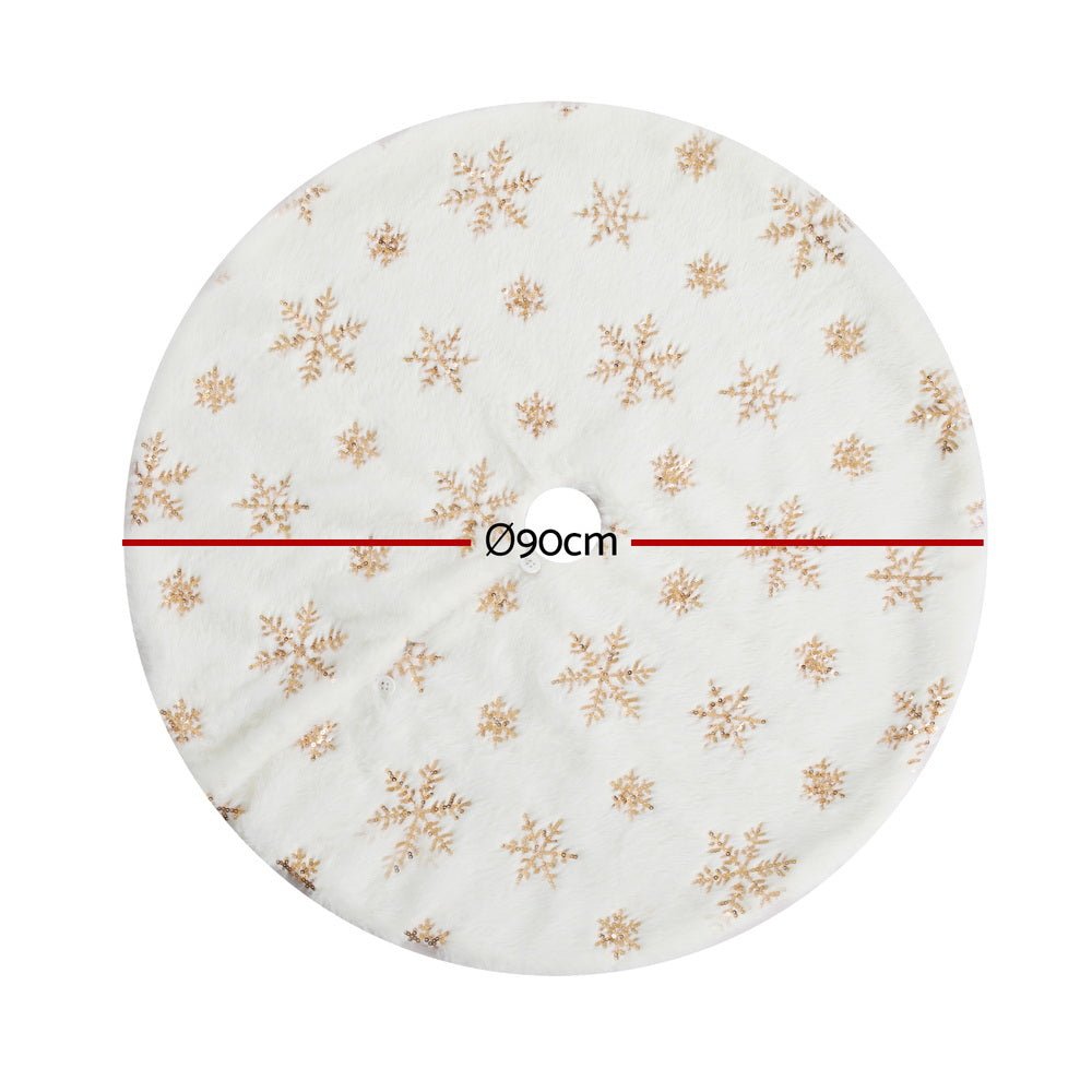 90cm Christmas Tree Skirt with Snowflake Ornaments - Holiday Xmas Decorations for Home, Party & Festive Celebrations