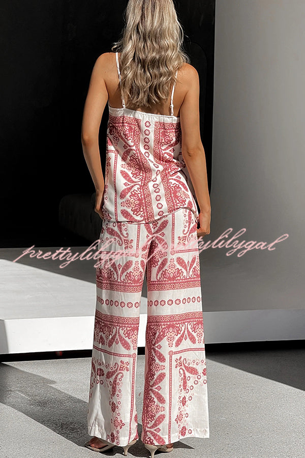 Stylish Printed Loose Casual Tank Top with Elastic Waist Wide Leg Pants Set - Women's Summer Outfit for Beach, Travel & Daily Wear