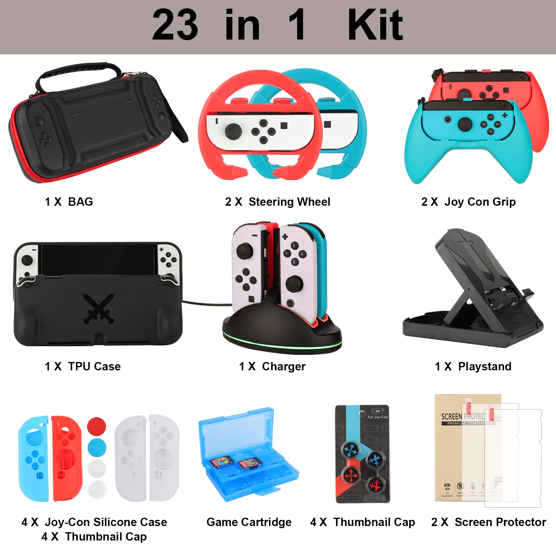 Nintendo Switch OLED Model (2021) Accessories Bundle - 23-in-1 Family Party Kit with Carrying Case, Joy-Con Charging Dock, Grips, Covers, Steering Wheels, Mount & Screen Protectors - Perfect for Gaming Parties, Travel & Home Entertainment