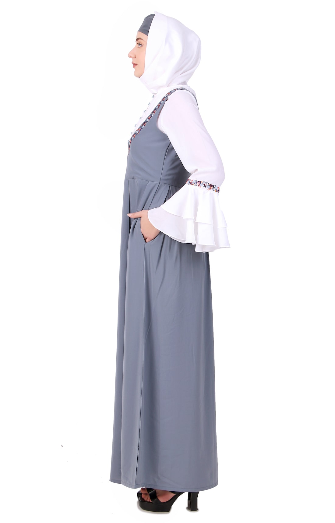 Elegant Dual Color Embroidered Abaya Dress - Stylish Dungaree Look for Women | Perfect for Casual Wear, Parties & Special Occasions