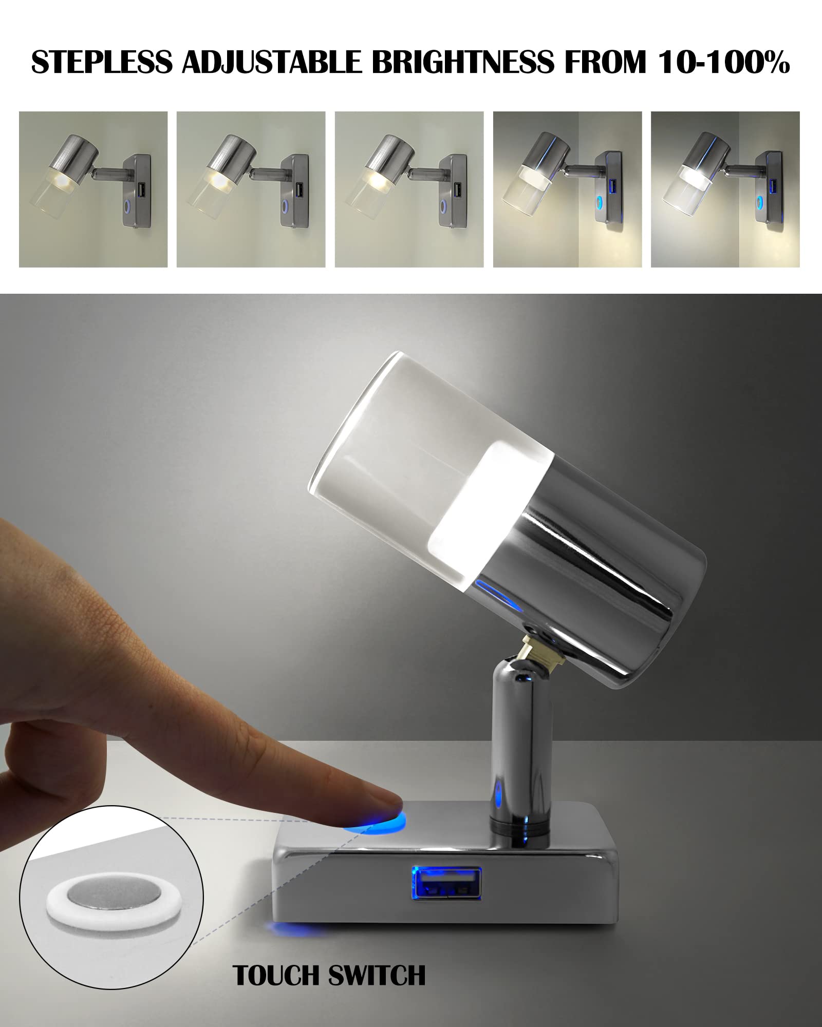 12V RV Reading Light with USB Port - 2 Pack LED Interior Lights for RV, Truck, Trailer, Caravan & Boat - Built-in Dimmer Touch Switch & Blue Night Light - Chrome Bedside Lamp for Camping, Travel & Night Reading
