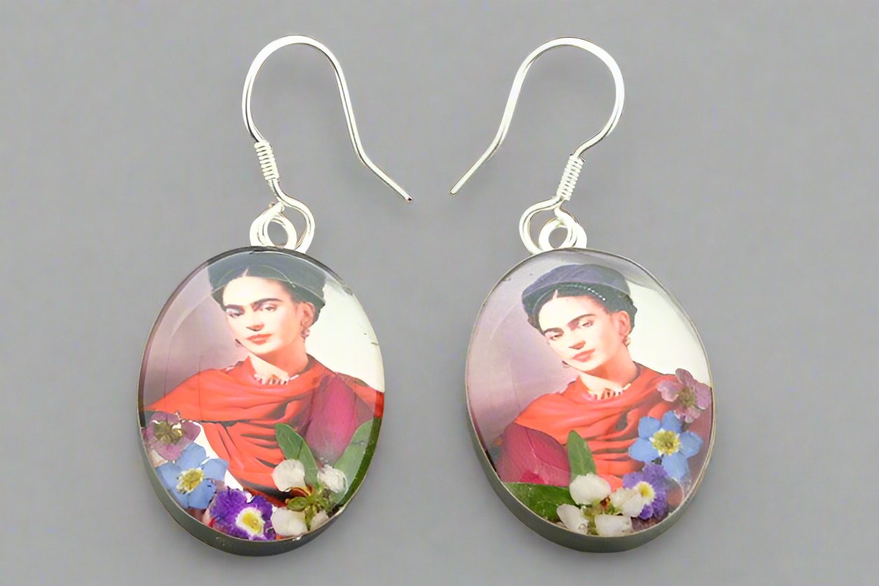 Frida Flower Earrings - Sterling Silver Dangle Earrings with Orange Scarf Design | Perfect for Boho Fashion, Festivals & Gift Giving