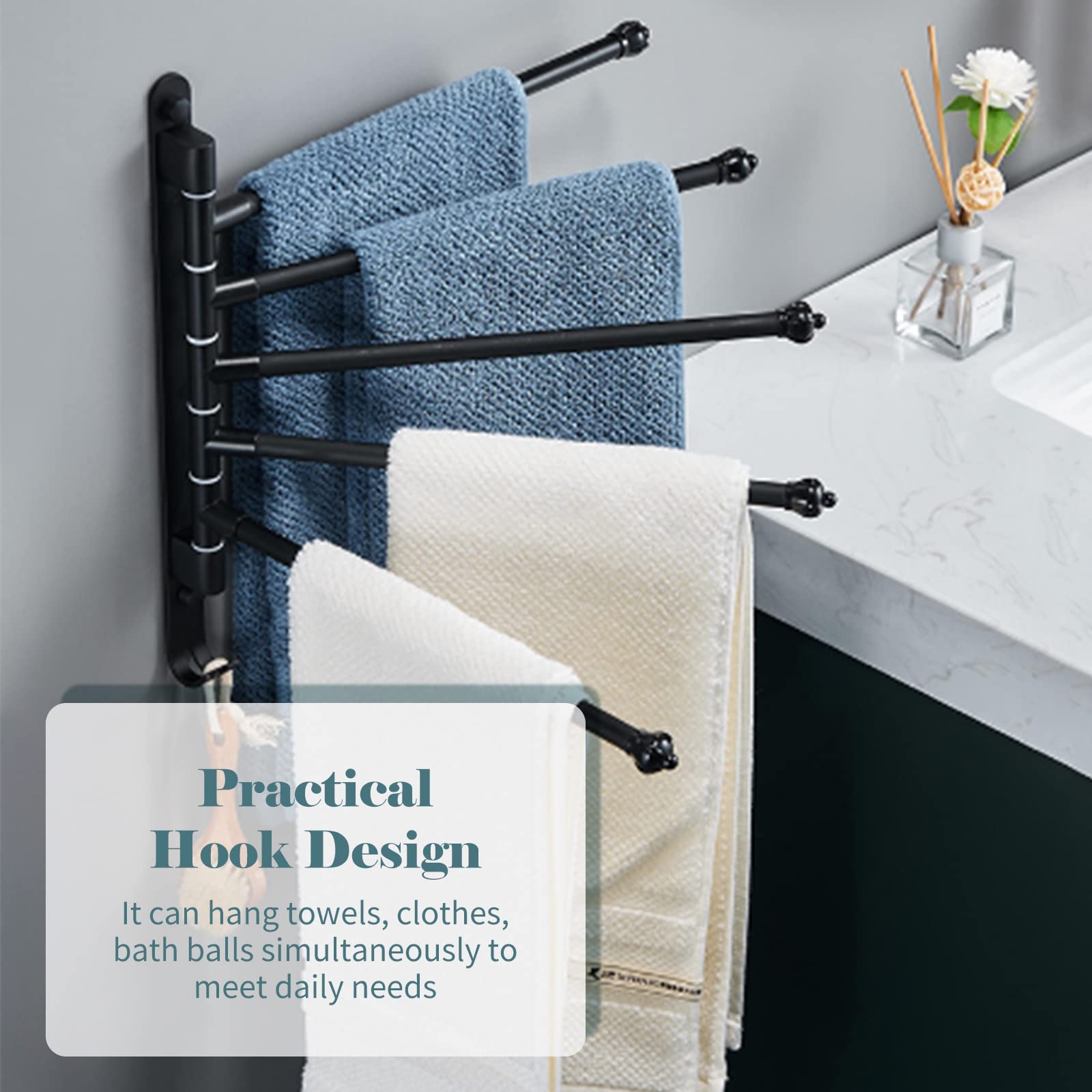 Matybobe 5-Bar Swivel Wall Mounted Towel Rack with Foldable Arms & Hooks - Aluminum Bathroom & Kitchen Towel Holder Organizer - Perfect for Small Spaces, Apartments, and Laundry Rooms