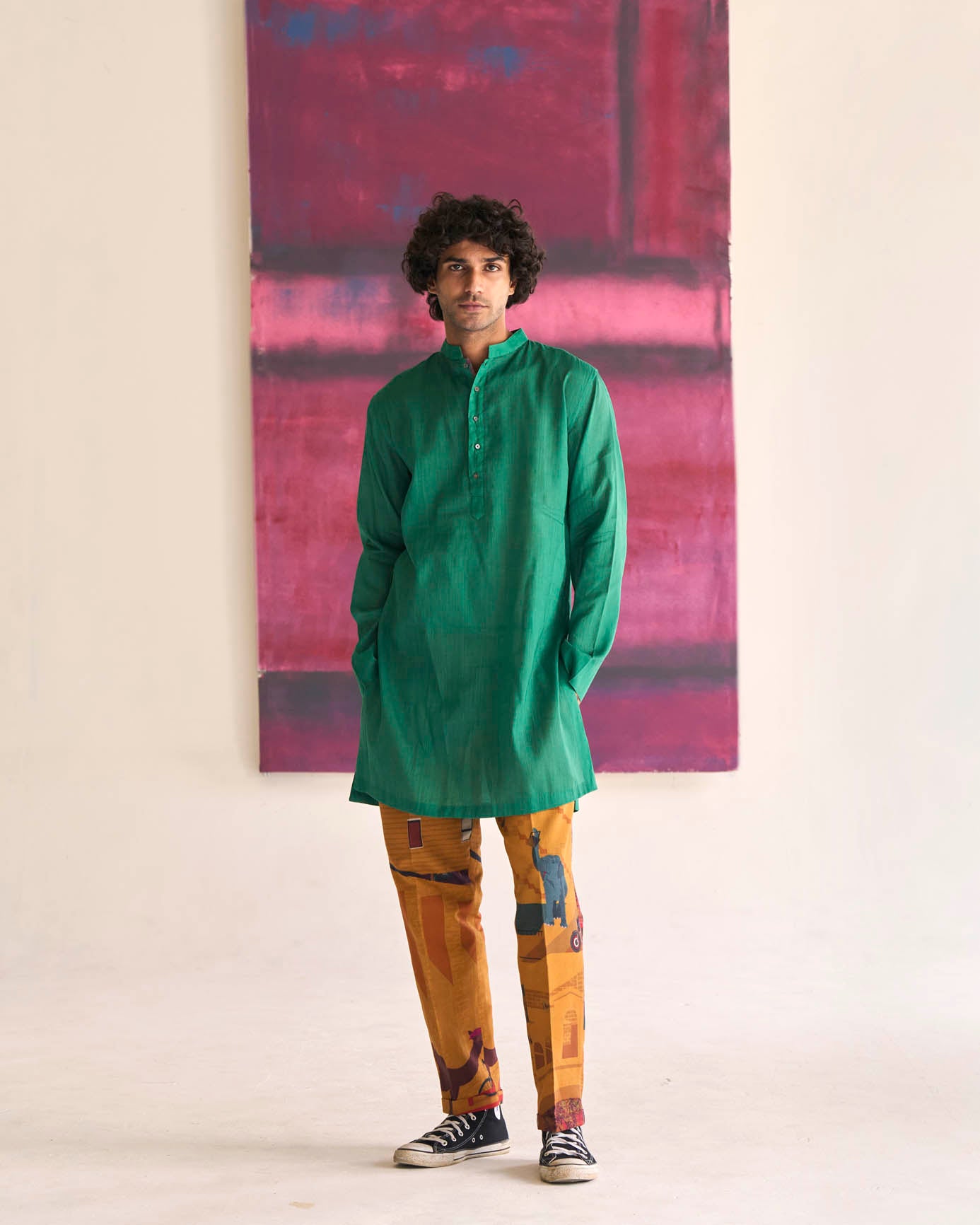 Men's Lightweight Kurta - Voile Linen Blend Green Ethnic Tunic for Casual Wear & Festive Occasions