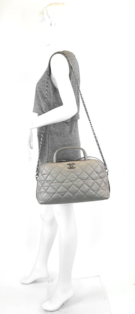 Chanel Grey Aged Calfskin Small Two-Way Bowling Bag | Luxury Designer Handbag for Women | Perfect for Work, Travel & Evening Events