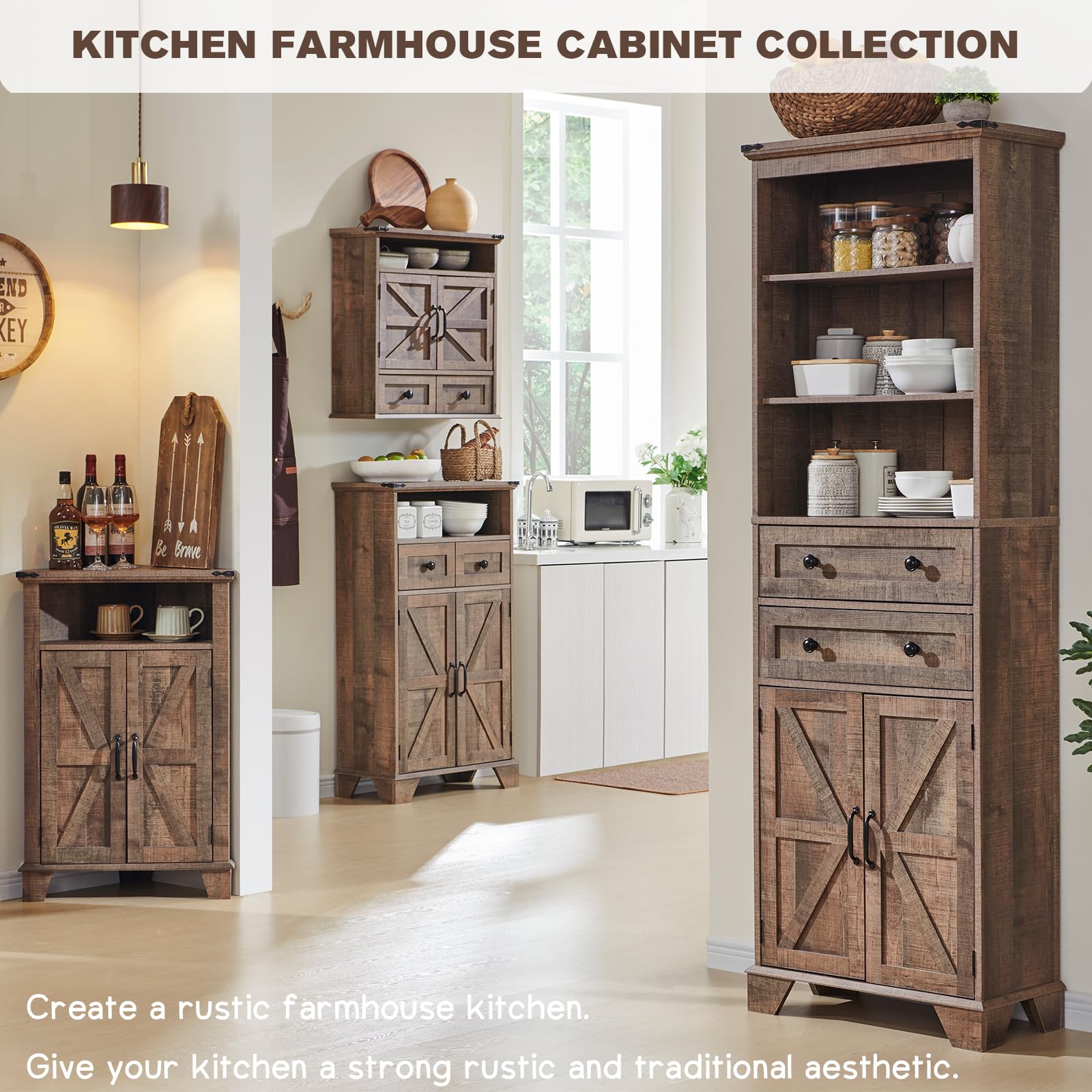 Farmhouse Corner Bathroom Cabinet with Barn Door & Adjustable Shelf - Rustic Brown Storage Cabinet for Bathroom, Kitchen, Living Room | Space-Saving Organizer for Small Bathrooms & Cozy Farmhouse Decor