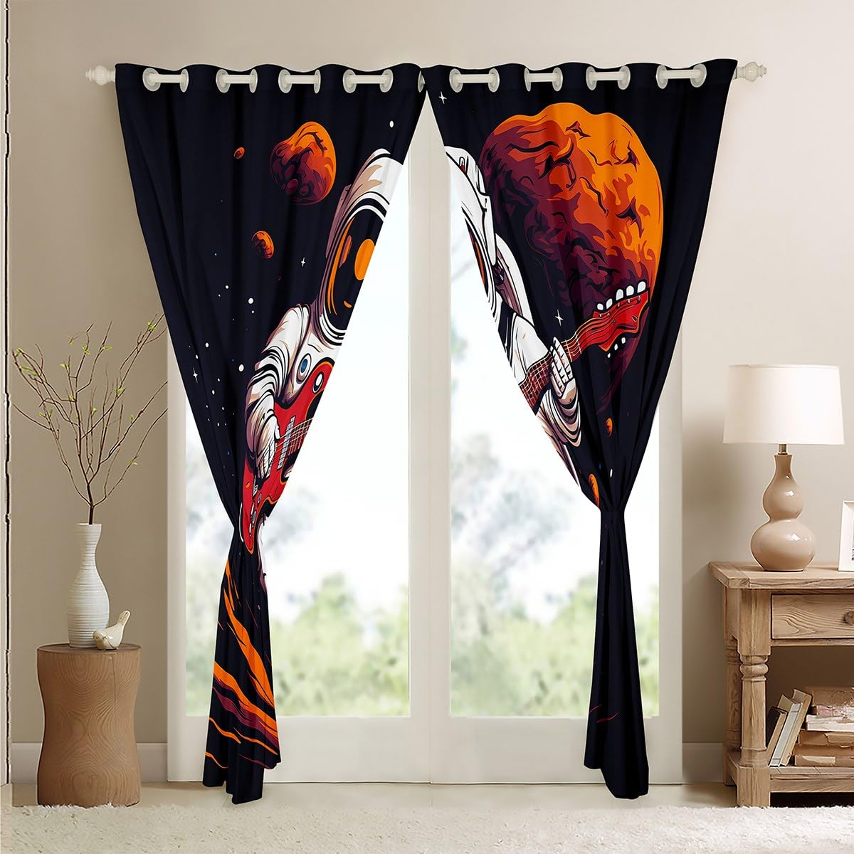 Kids Astronaut & Guitar Window Curtains - Galaxy Space Theme Rock Music Drapes for Boys Bedroom (104x96 Inch, Navy Blue) | Perfect for Teen Room Decor, Nursery, Playroom & Space-Themed Parties