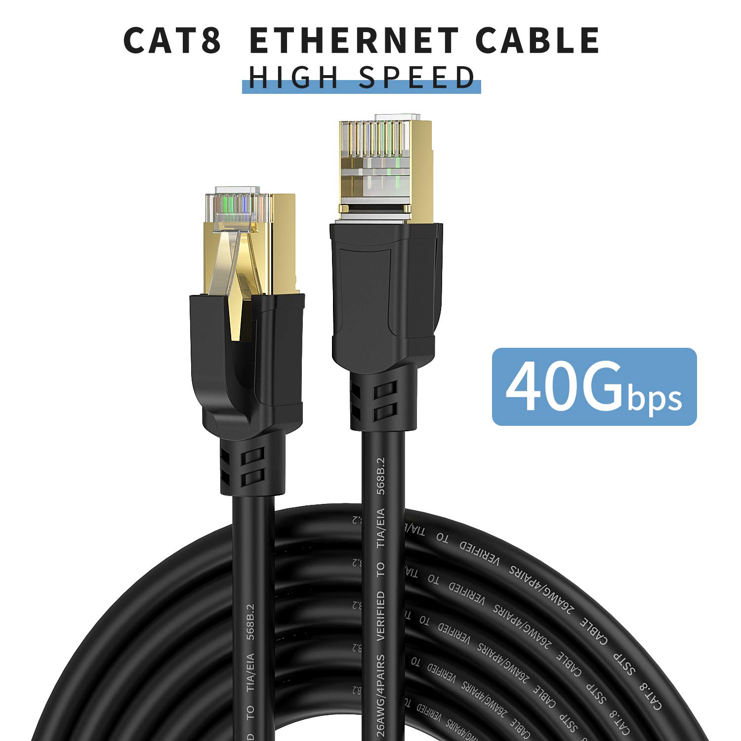 High-Speed Cat8 Ethernet Cable 40Gbps 2000MHz, Gold-Plated RJ45 Connector SSTP LAN Wire for Gaming, Streaming, Router & Modem - 300ft Durable Network Cord for Home Office & Online Gaming