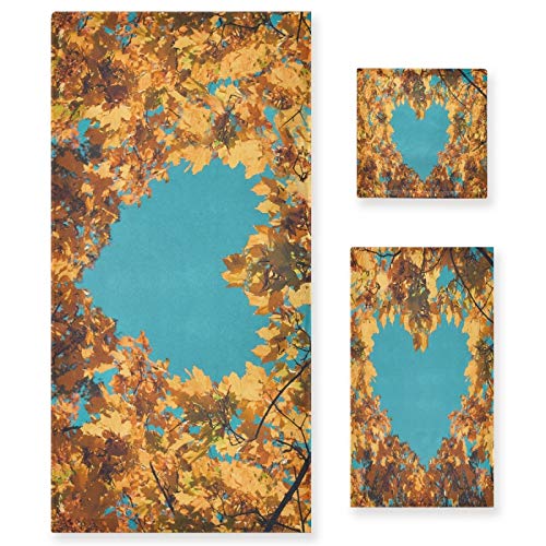 QUGRL Autumn Love Leaves Luxury Towels Set of 3 - Super Soft Fall Landscape Bath, Hand & Washcloths | 100% Cotton for Bathroom, Kitchen, Hotel, Beach, Gym & Spa | Perfect for Seasonal Decor, Guest Bathrooms & Cozy Home Styling