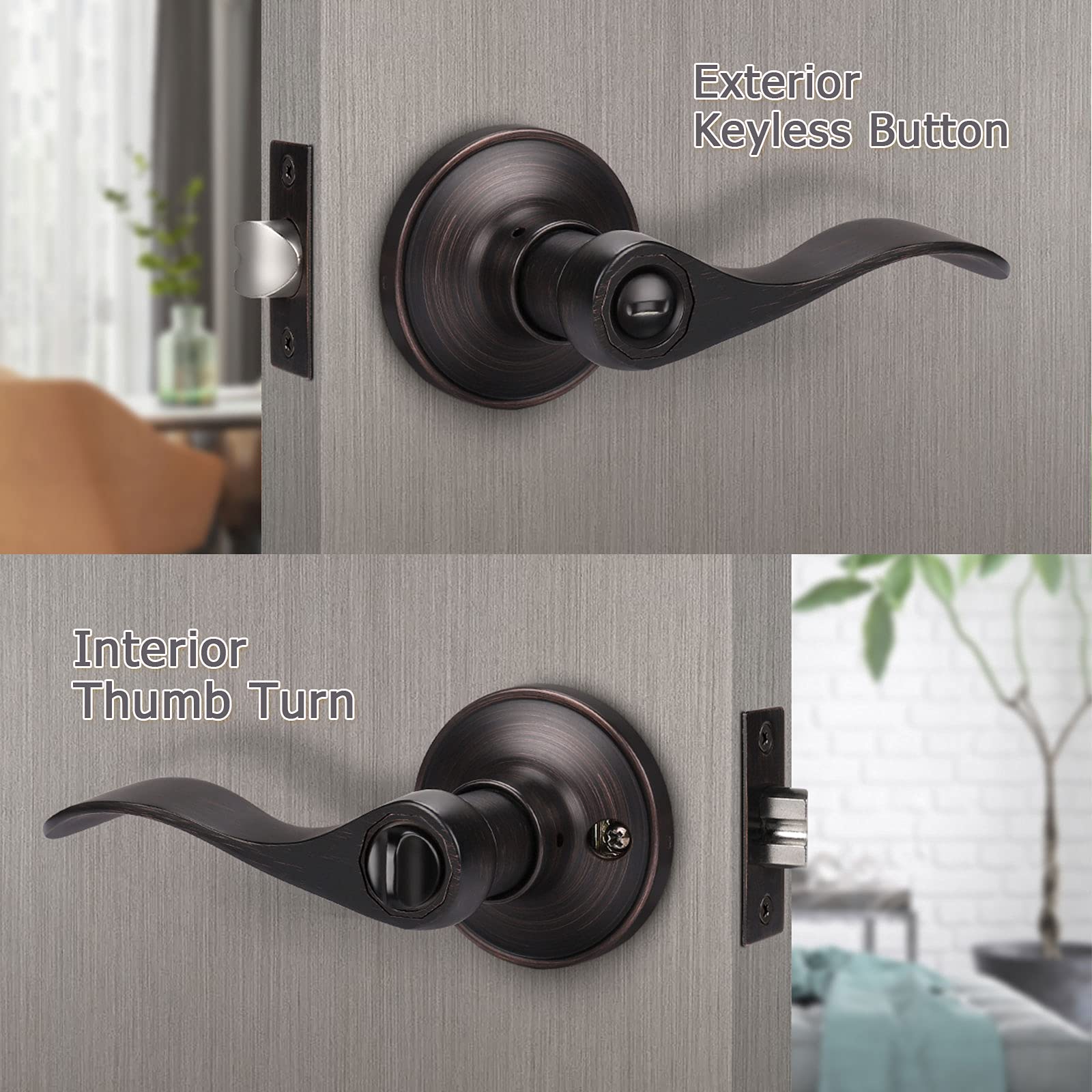 KNOBWELL 10 Pack Bronze Privacy Door Knobs - Interior Door Handles for Bathroom & Bedroom - Keyless Door Levers for Left or Right Hand - Perfect for Home, Office & Commercial Spaces