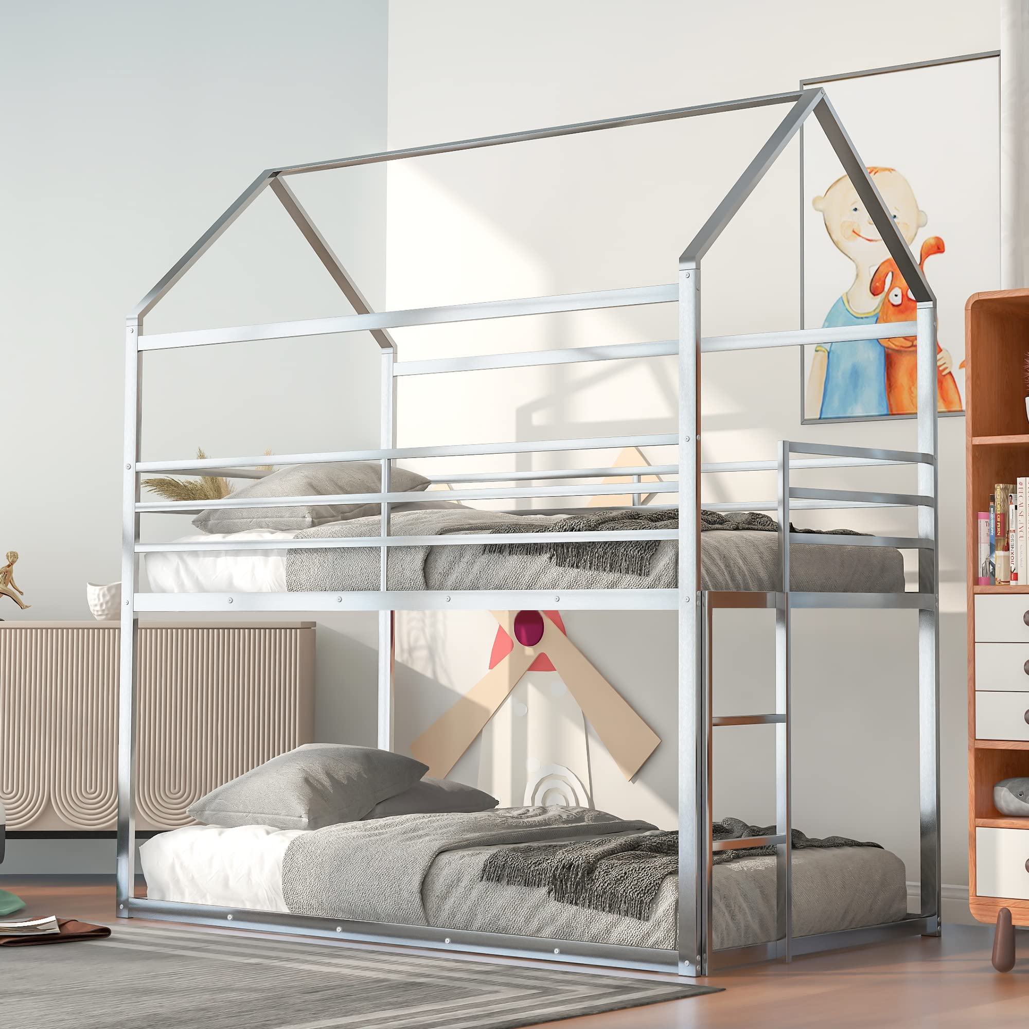 Twin Over Twin Metal Bunk Bed with Roof - Sturdy Full Length Guardrail & Built-in Ladder - No Box Spring Needed - Silver Finish - Perfect for Kids' Bedroom, Dorm Room or Space-Saving Guest Room