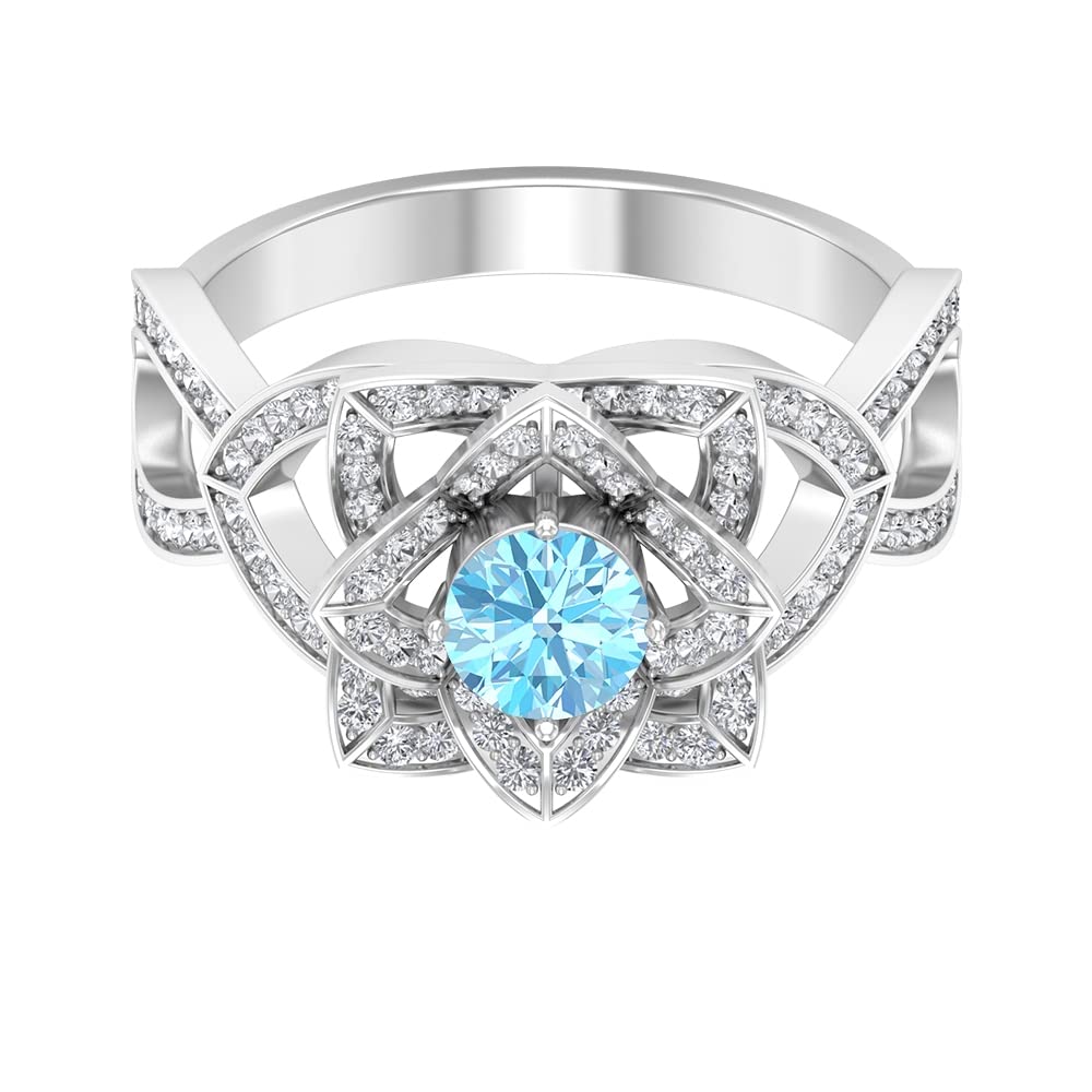1.25 CT Natural Aquamarine and Diamond Engagement Ring - Vintage Floral Design in 14K Solid Gold for Wedding, Proposal & Anniversary Gifts