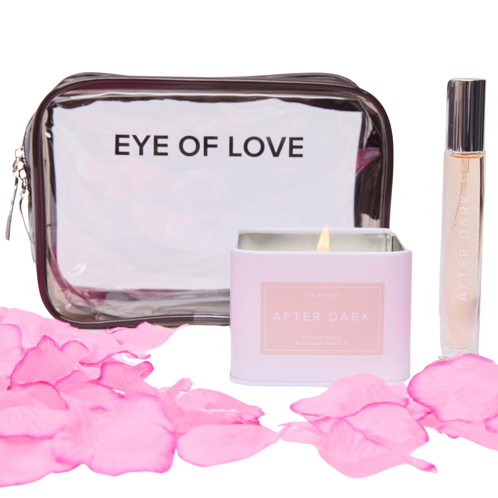 Love in Travel Kit - Romantic Pheromone Perfume & Scented Candle Gift Set with Rose Petals in Portable Travel Bag | Perfect for Date Nights, Anniversaries & Couples Getaways