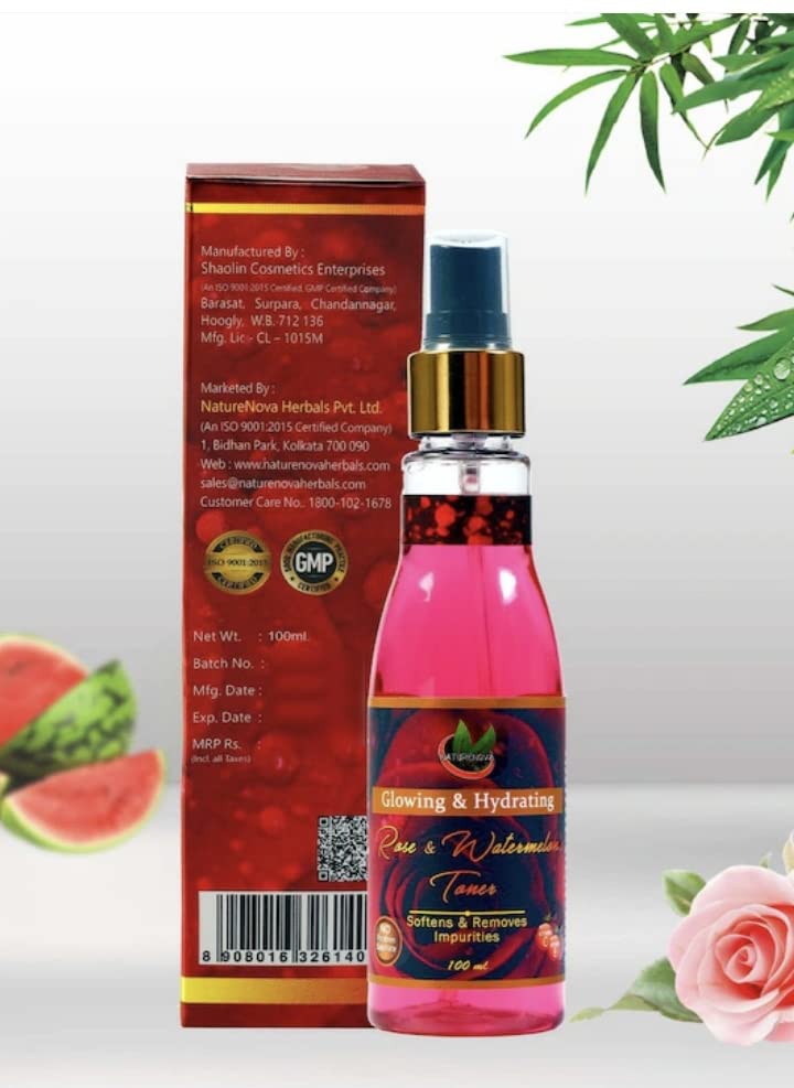 NatureNova Herbals Glowing & Hydrating Rose Watermelon Facial Toner - 100ml | Hydrating, Brightening & Soothing | Perfect for Dry, Dull Skin & Daily Skincare Routine