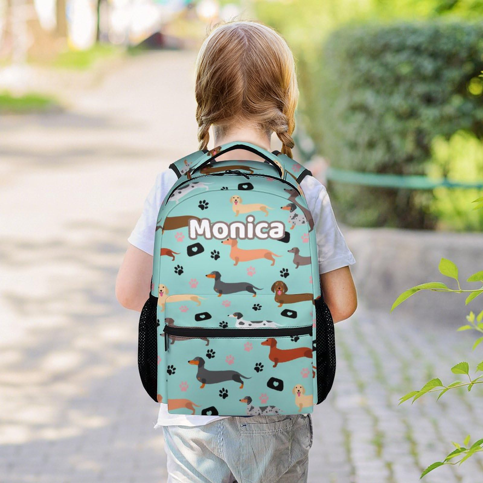 Personalized Kids School Backpack for Boys & Girls - 16 Inch Green Bookbag with Cute Dachshund Dog Pattern, Large Capacity Backpack for Elementary Students | Perfect for School, Travel & Daily Use