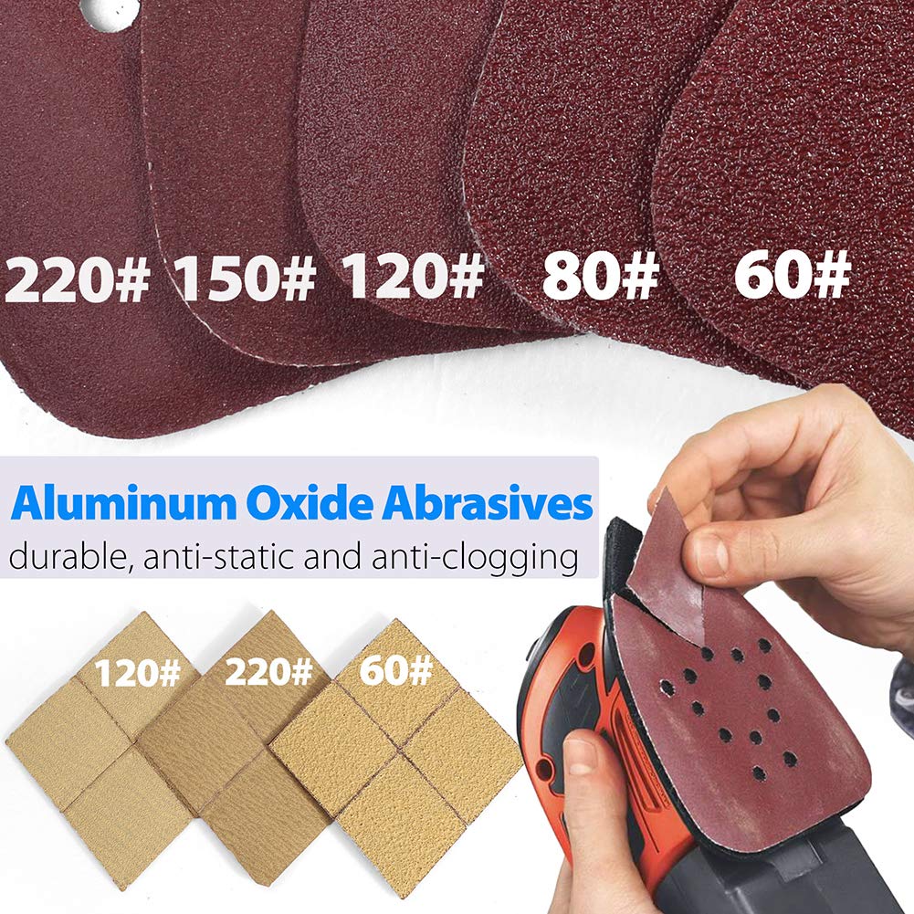 50PCS Sanding Sheets for Black & Decker Mouse Sanders - 60/80/120/150/220 Grit Hook & Loop Sandpaper Assortment with Extra Tips - Replacement Sanding Pads for Woodworking, Furniture Refinishing & DIY Projects