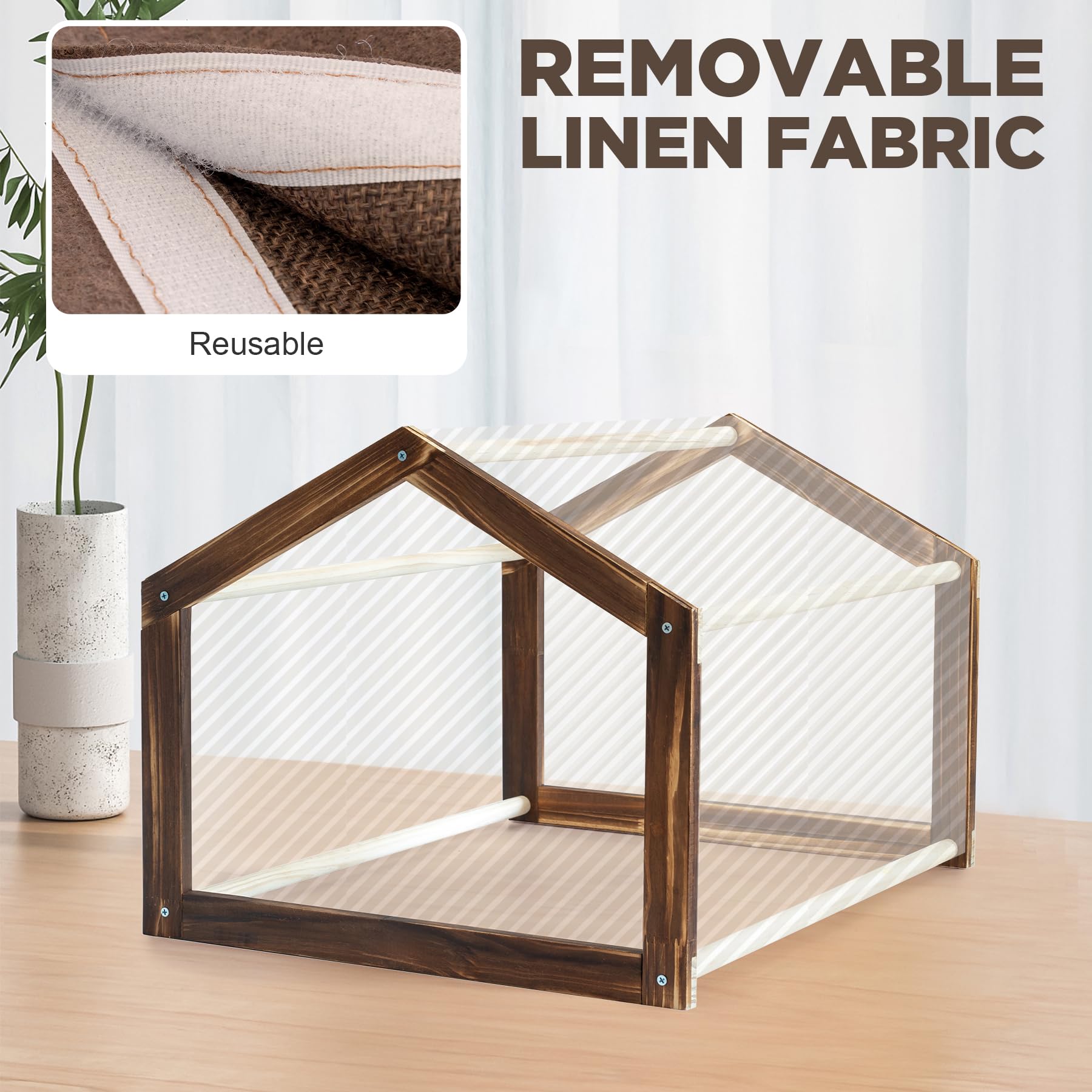 Wooden Frame Dog House for Small Dogs & Cats - Indoor Pet House with Soft Fabric Cushion (Brown) | Perfect for Living Room, Bedroom & Patio Use