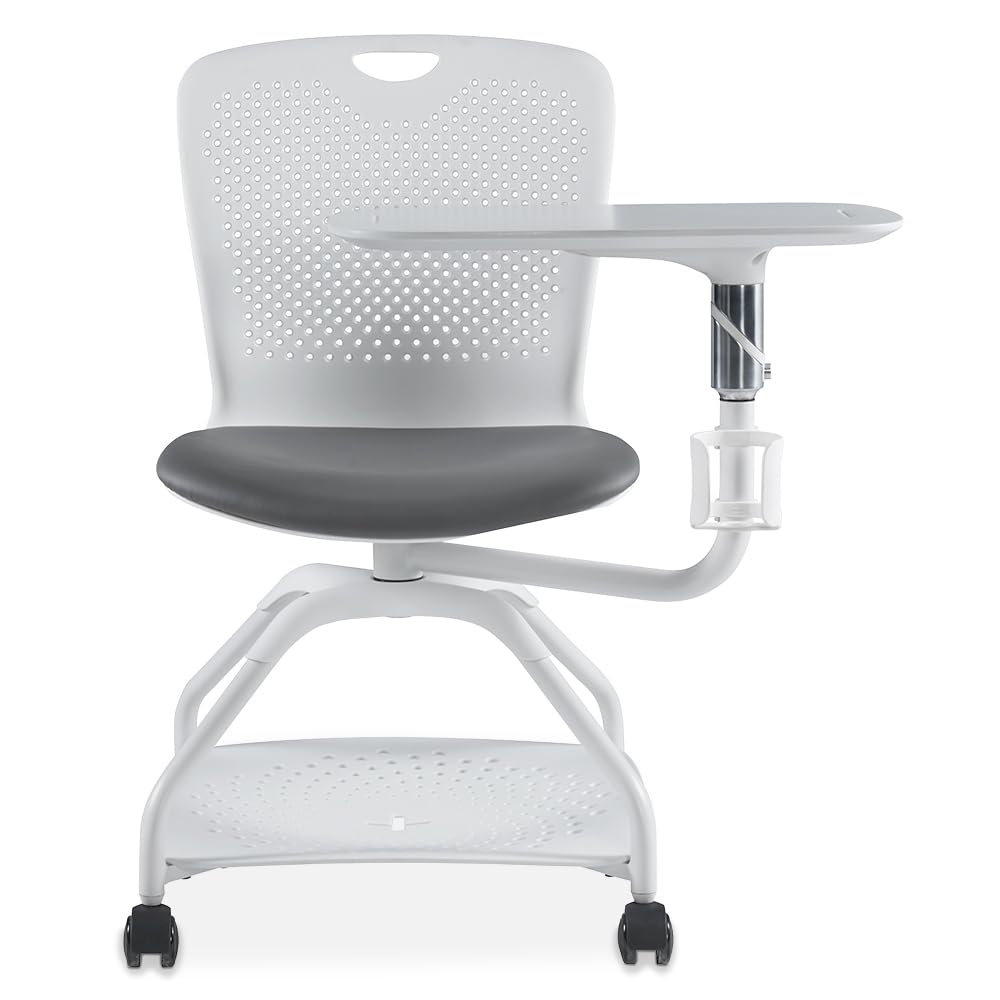 NBF Signature Series White Plastic Back Swivel Tablet Chair with Storm Polyurethane Seat - Armless Classroom Chair with Durable Steel Frame & Tablet Arm for Schools, Offices & Study Rooms