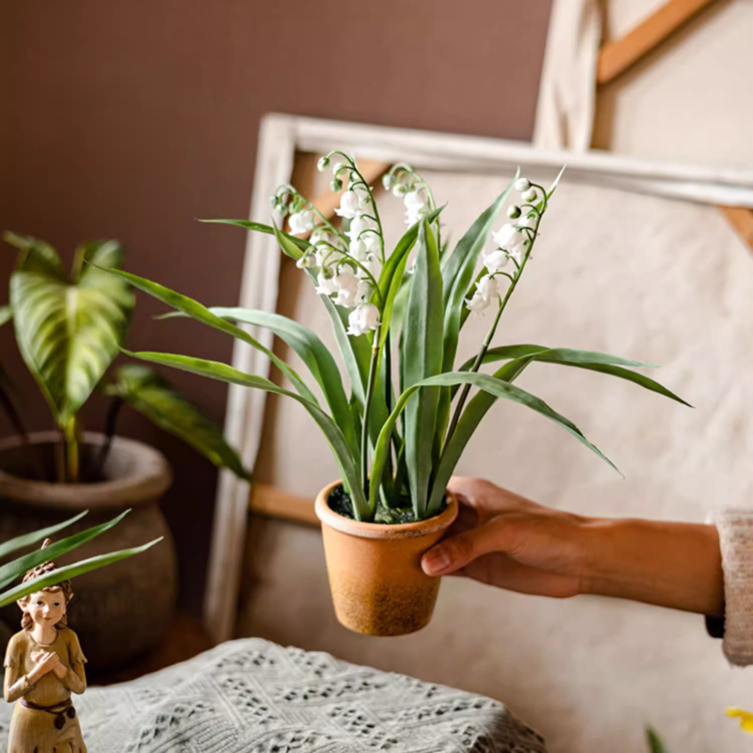 Artificial Lily of the Valley Flowers in Decorative Brown Pot - Perfect for Home Decor, Wedding Centerpieces & Office Desk Decorations