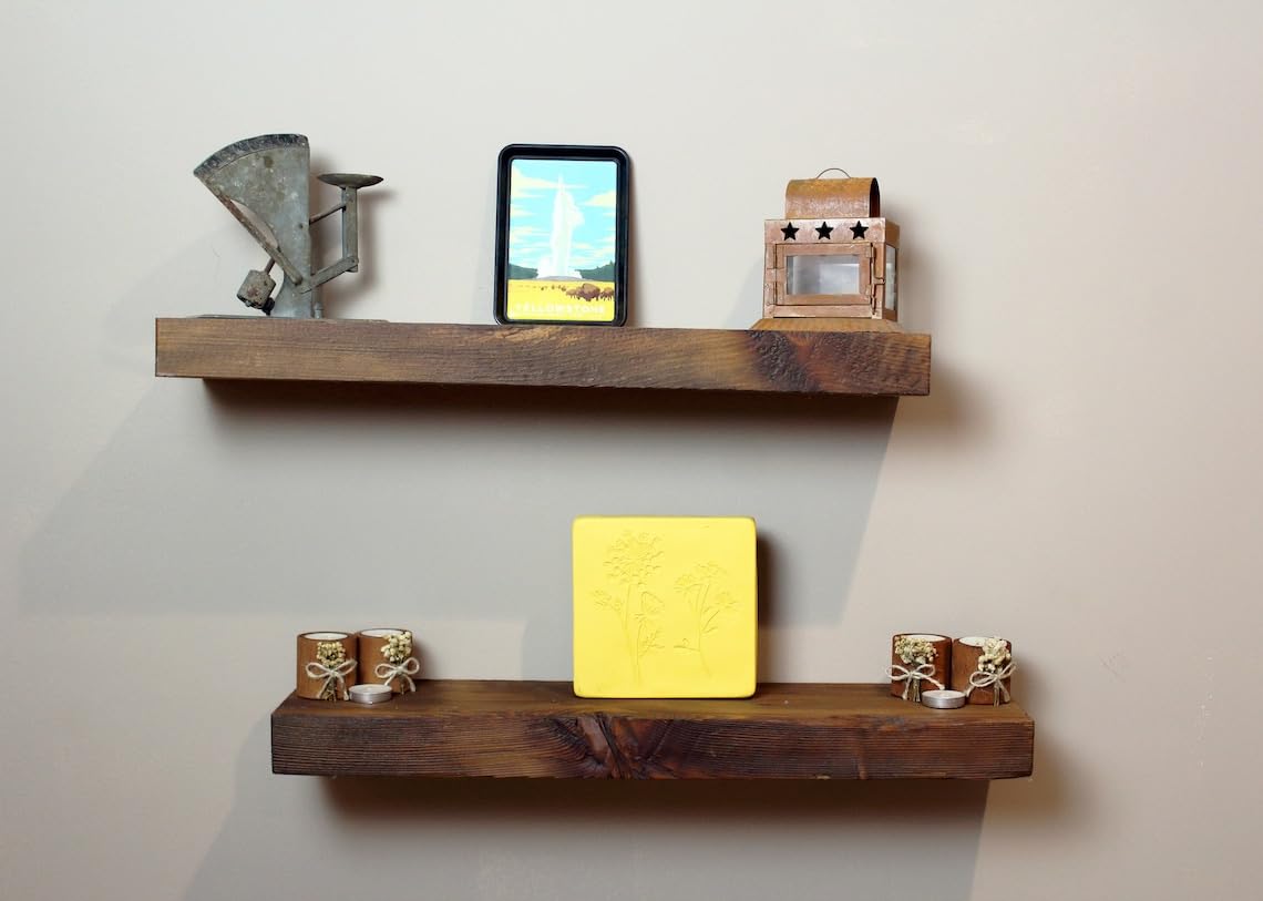 Rustic Reclaimed Wood Wall Shelves Set of 2 - 24x6 Inches - Modern Timber Craft Floating Shelves with Easy Installation Hardware - Early American Finish - Perfect for Living Room, Bedroom, or Kitchen Decor