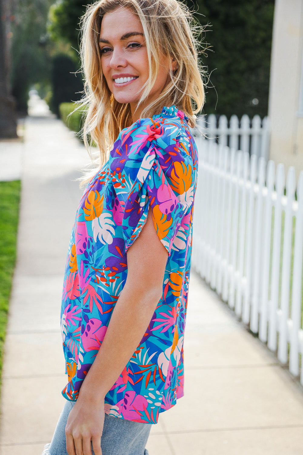 All For You Women's Aqua Tropical Print Frill Notch Neck Puff Sleeve Blouse | Summer Beach Vacation Top | Perfect for Tropical Getaways, Pool Parties & Casual Outings