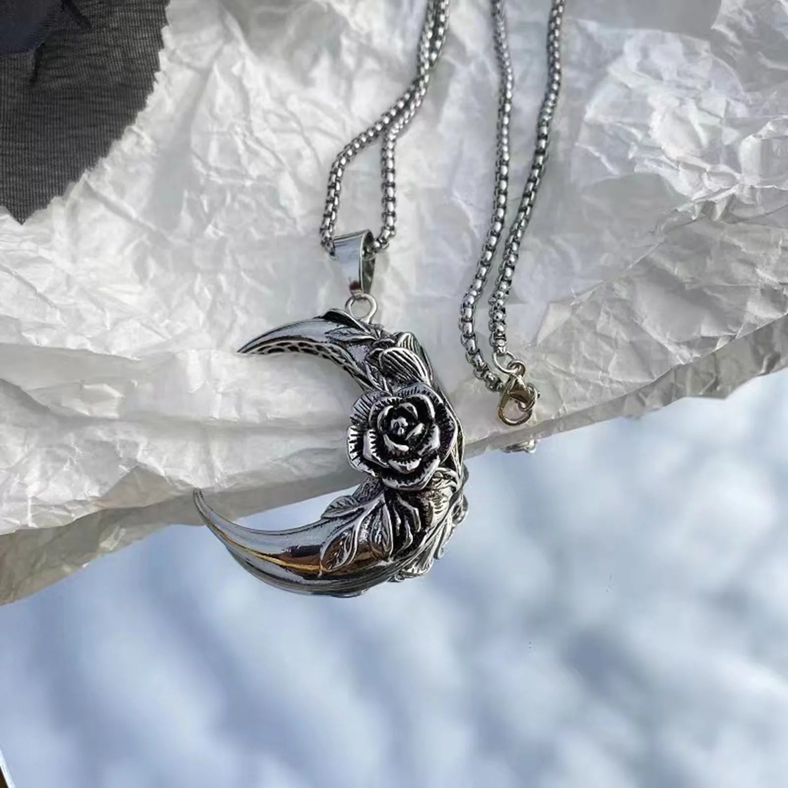 Crescent Moon and Rose Pendant Necklace for Women - Elegant Silver Jewelry Gift for Her, Perfect for Valentine's Day, Anniversary & Romantic Occasions
