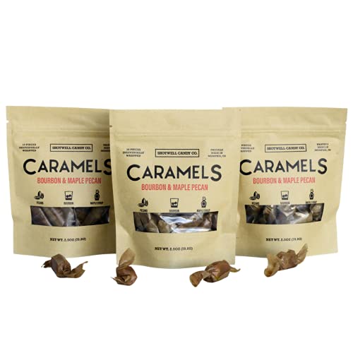 Shotwell Bourbon & Maple Pecan Caramel Candy (3 Pack) – Premium Gourmet Caramels with Bourbon & Maple Syrup – Individually Wrapped Gluten-Free Treats – Perfect for Gifts, Parties & Dessert Platters (7.5oz Total)